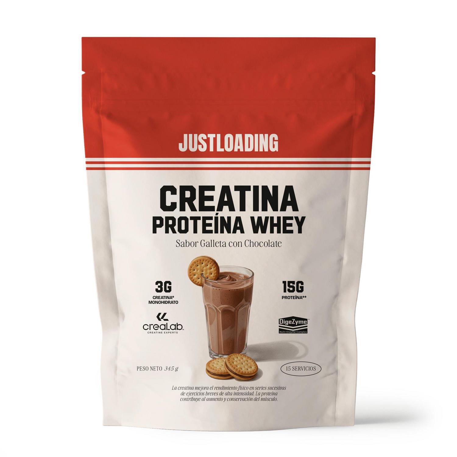 Creatina monohidrato en polvo alta en proteína sabor galleta con cacao Just Loading doy pack 345 g.