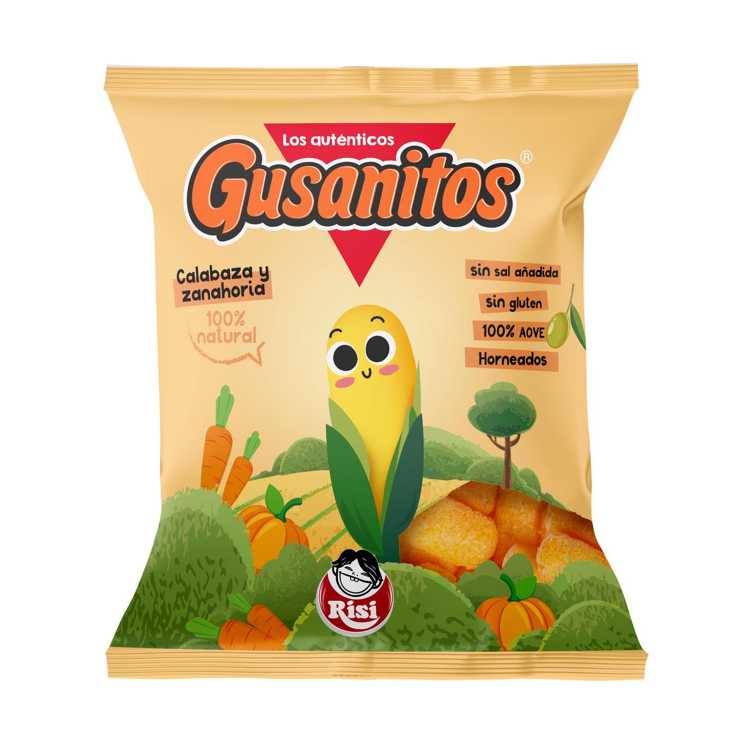 Gusanitos de calabaza y zanahoria Risi sin gluten y sin sal añadida pack 4 unidades de 8 g.