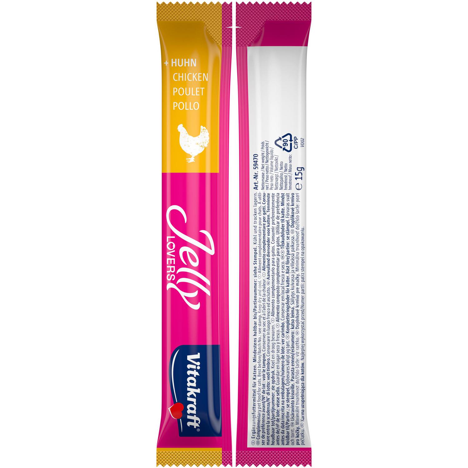 Snack gelatina de pollo y pato para gato Jelly Lovers Vitakraft 6x15 g.