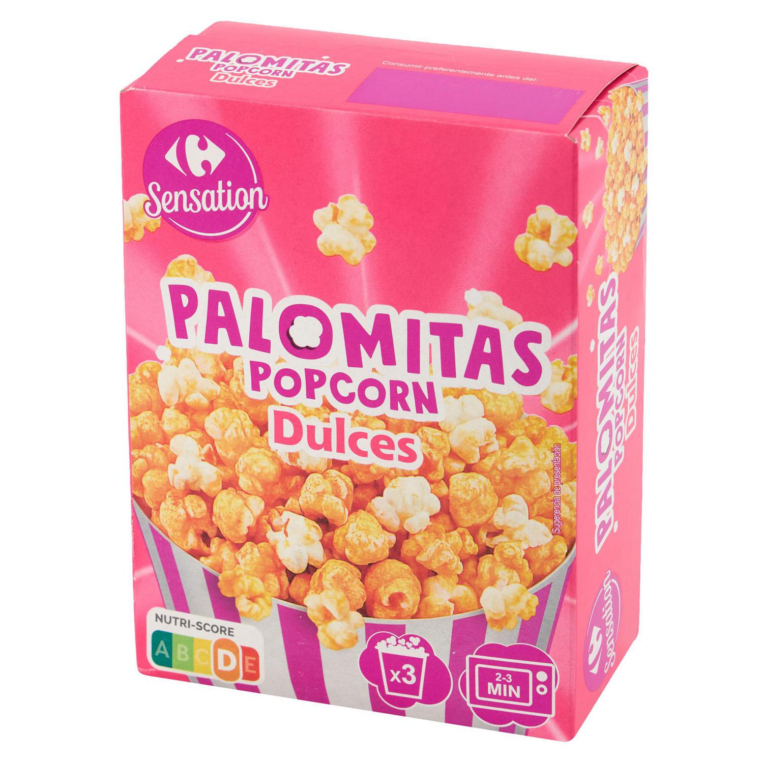 Palomitas dulces para microondas Carrefour Sensation pack de 3 unidades de 100 g.