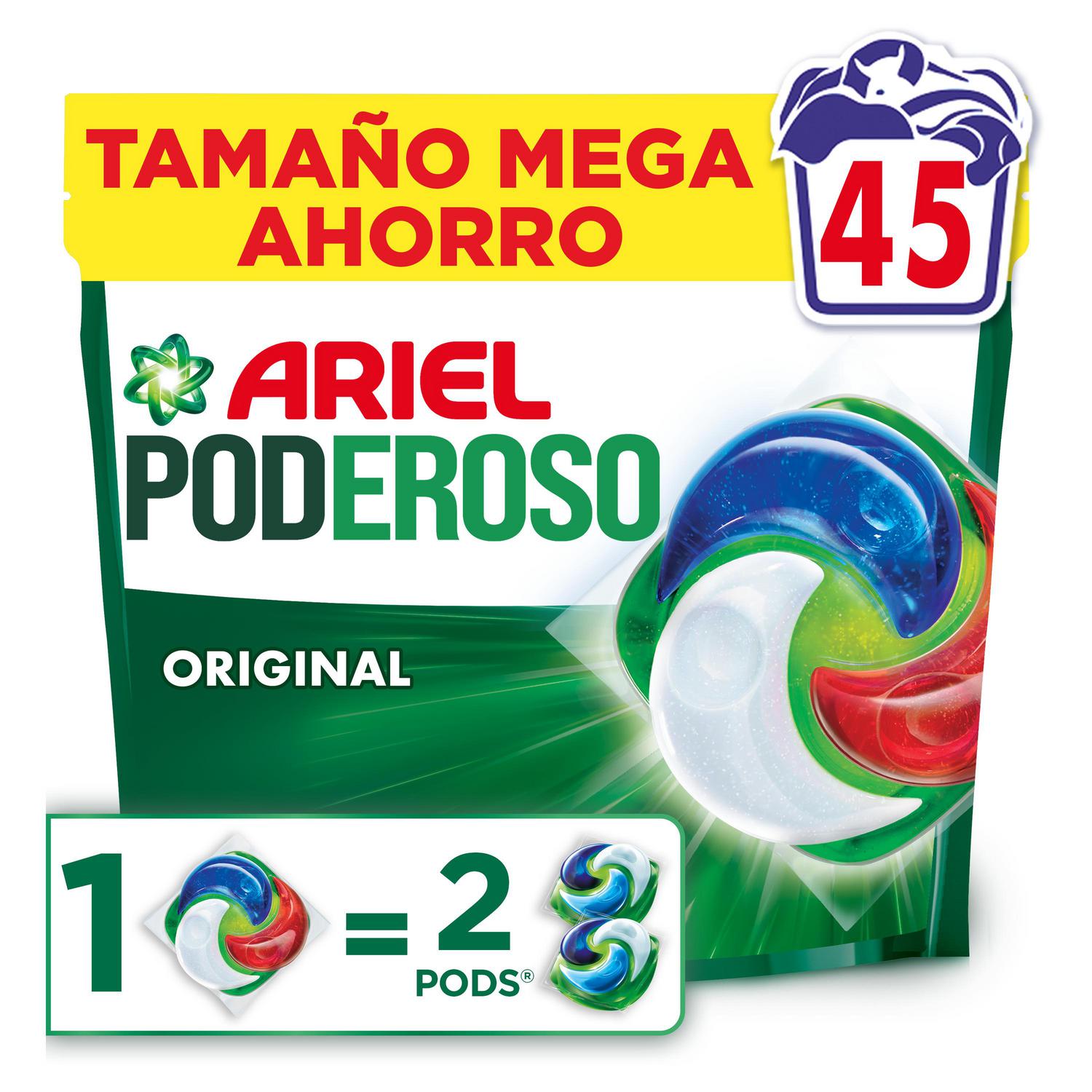 Detergente en cápsulas original Poderoso Ariel 45 lavados.