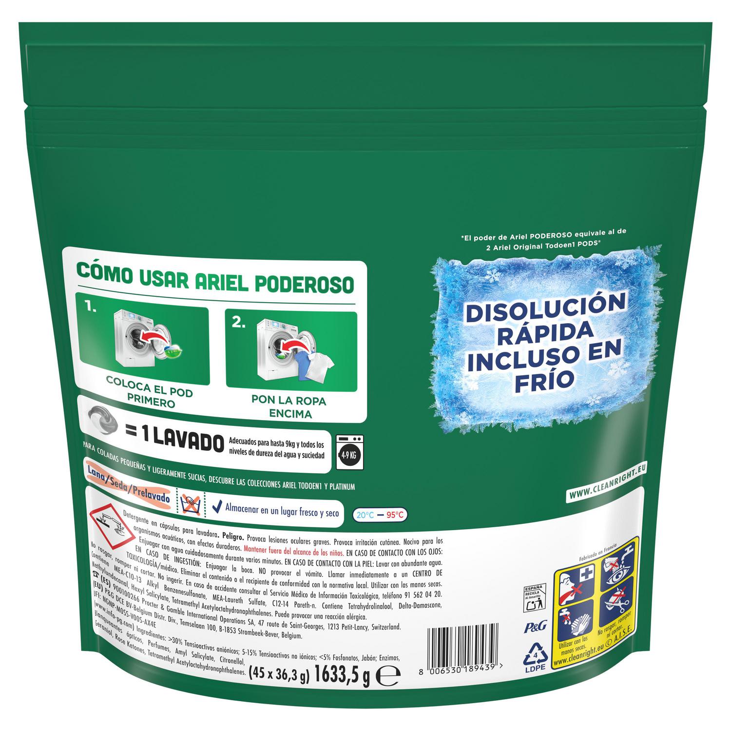 Detergente en cápsulas original Poderoso Ariel 45 lavados.