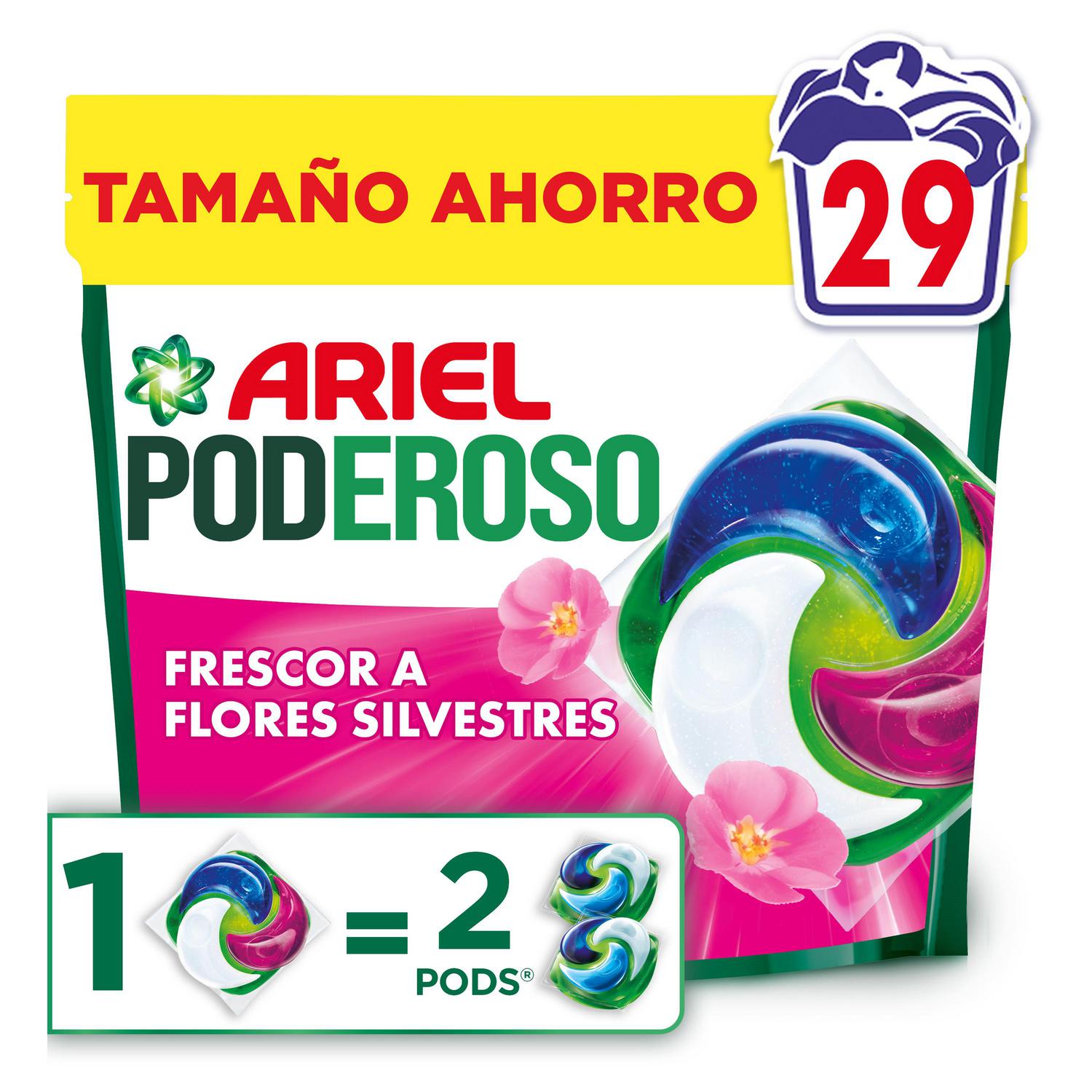 Detergente en cápsulas frescor silvestre Poderoso Ariel 29 lavados.