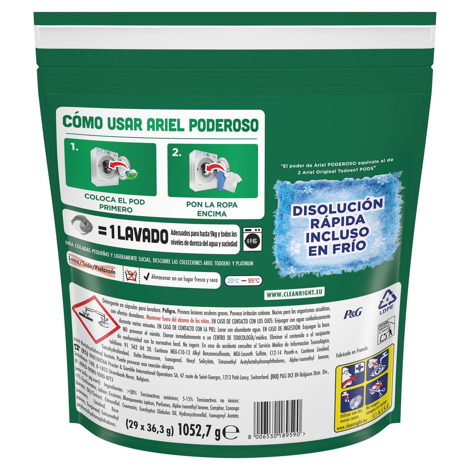 Detergente en cápsulas frescor silvestre Poderoso Ariel 29 lavados.