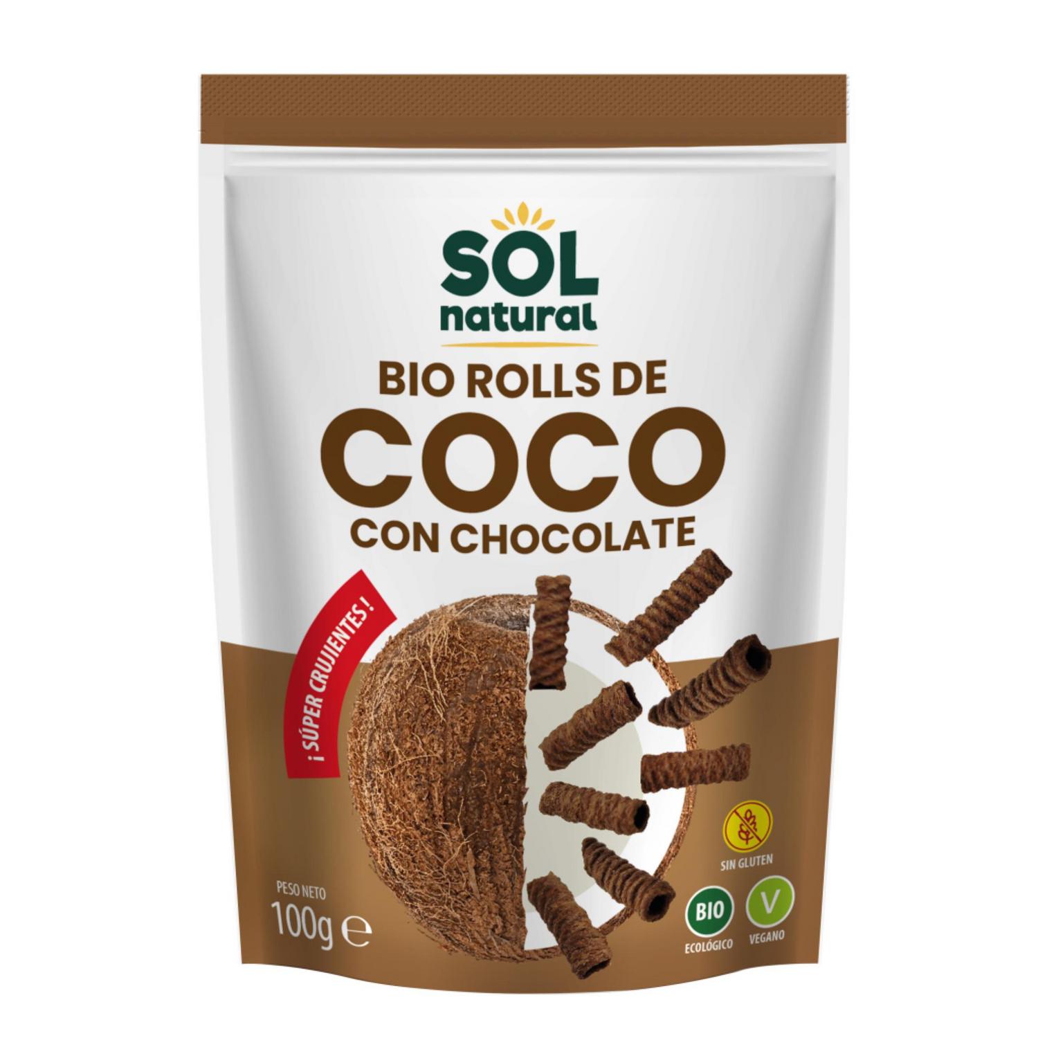 Rolls de coco crujientes bañados en chocolate ecológicos Sol Natural sin gluten doy pack 100 g.