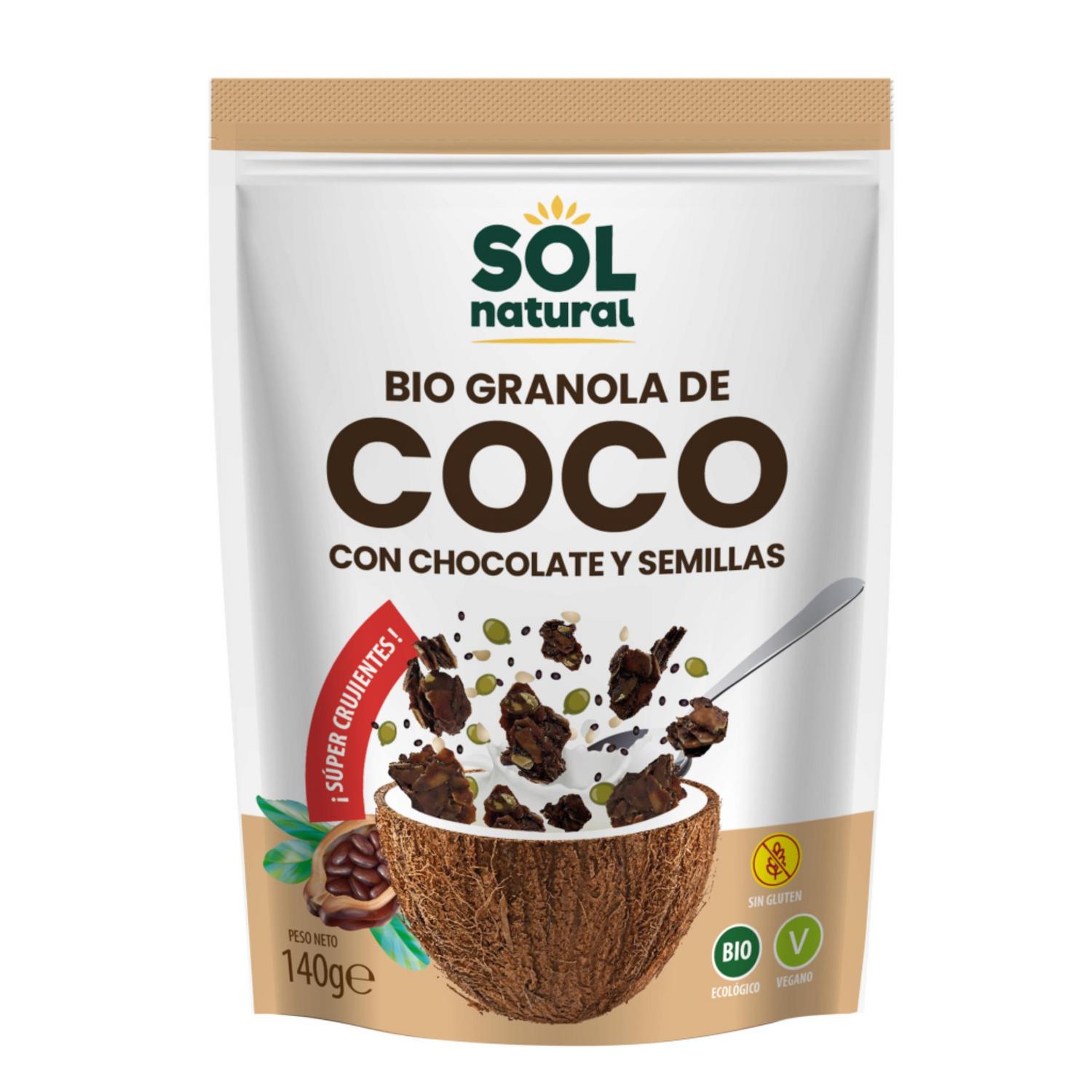 Granola crujiente de coco y semillas bañada en chocolate ecológica Sol Natural sin gluten doy pack 140 g.