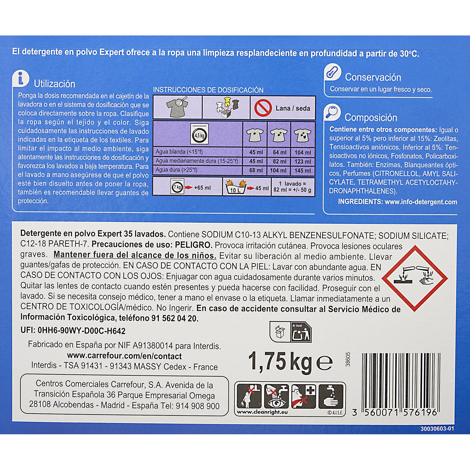 Detergente en polvo frescor alpino Expert Carrefour 35 lavados.