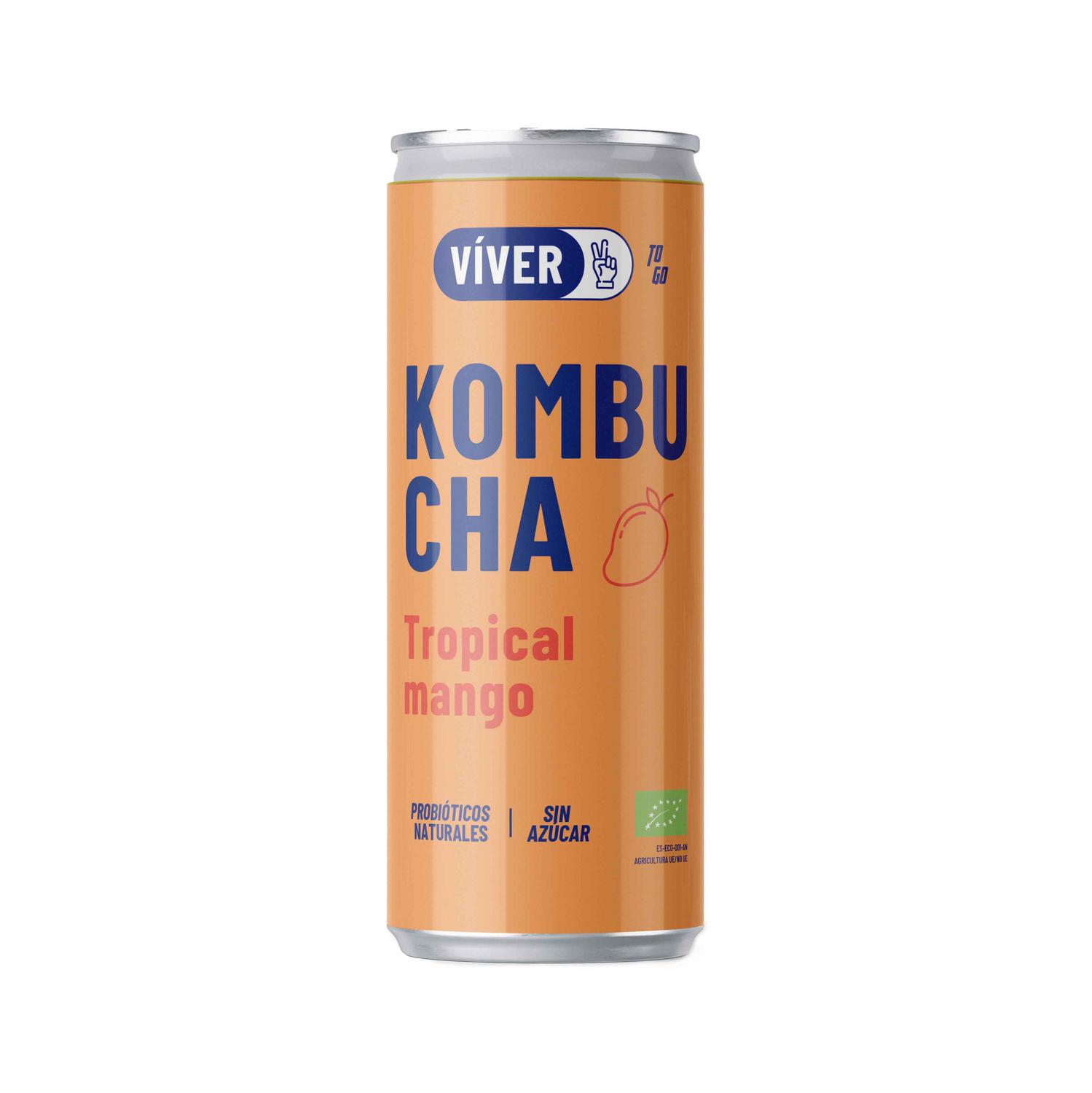 Kombucha tropical mango ecológica sin azúcar Víver lata 25 cl.