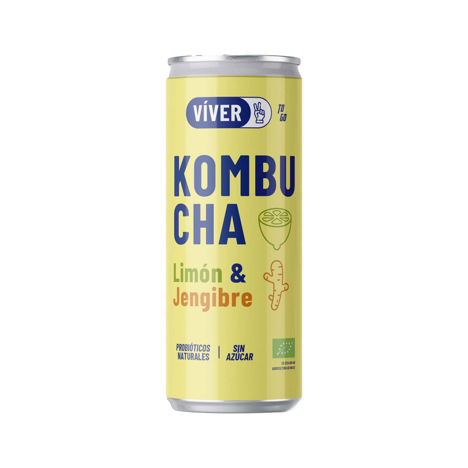 Kombucha limón & jengibre ecológica sin azúcar Víver lata 25 cl.
