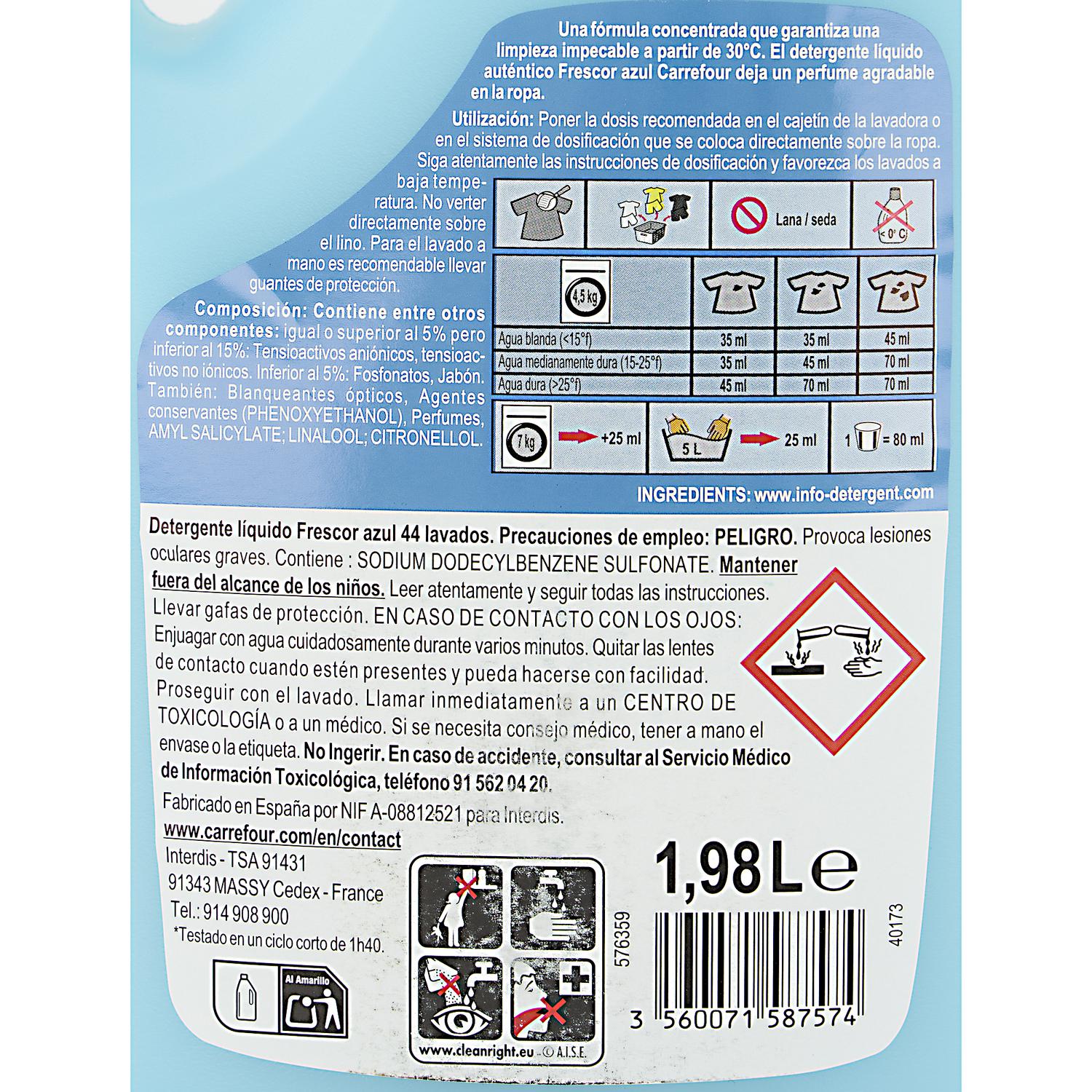 Detergente líquido frescor azul Essential Carrefour 44 lavados.