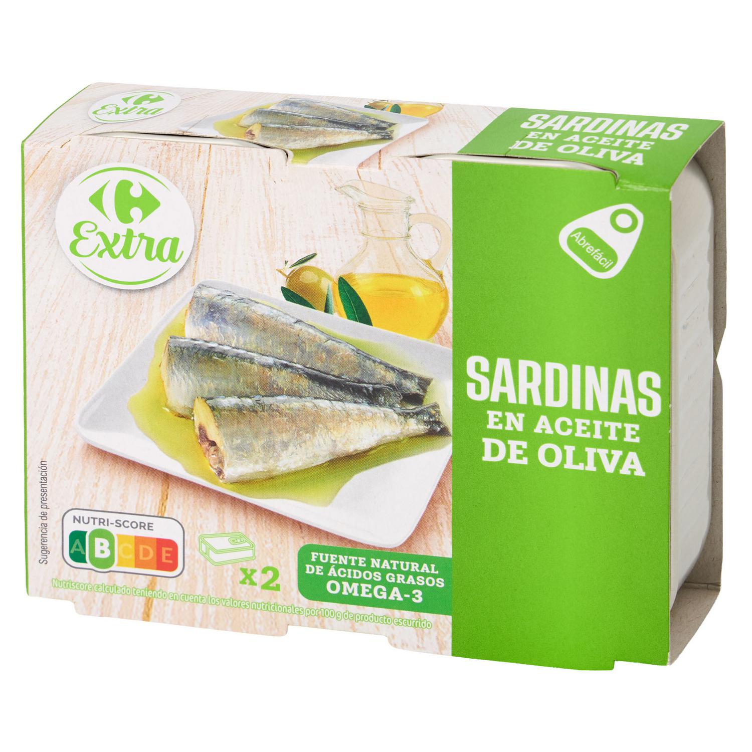 Sardinas en aceite de oliva Extra Carrefour pack de 2 latas de 88 g.