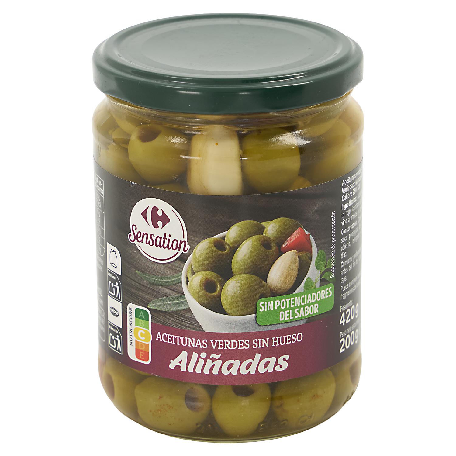Aceitunas verdes sin hueso aliñadas Carrefour Sensation 200 g.
