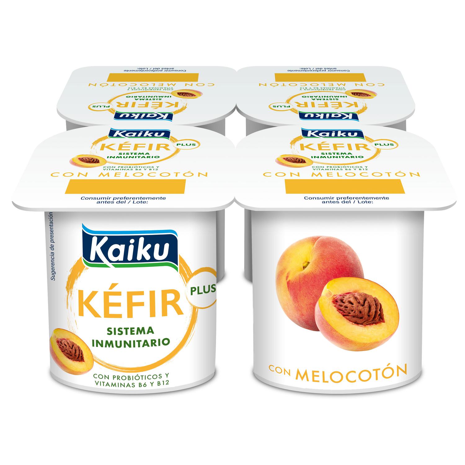 Leche fermentada con fermentos de kéfir con melocotón Kaiku pack de 4 unidades de 125 g.