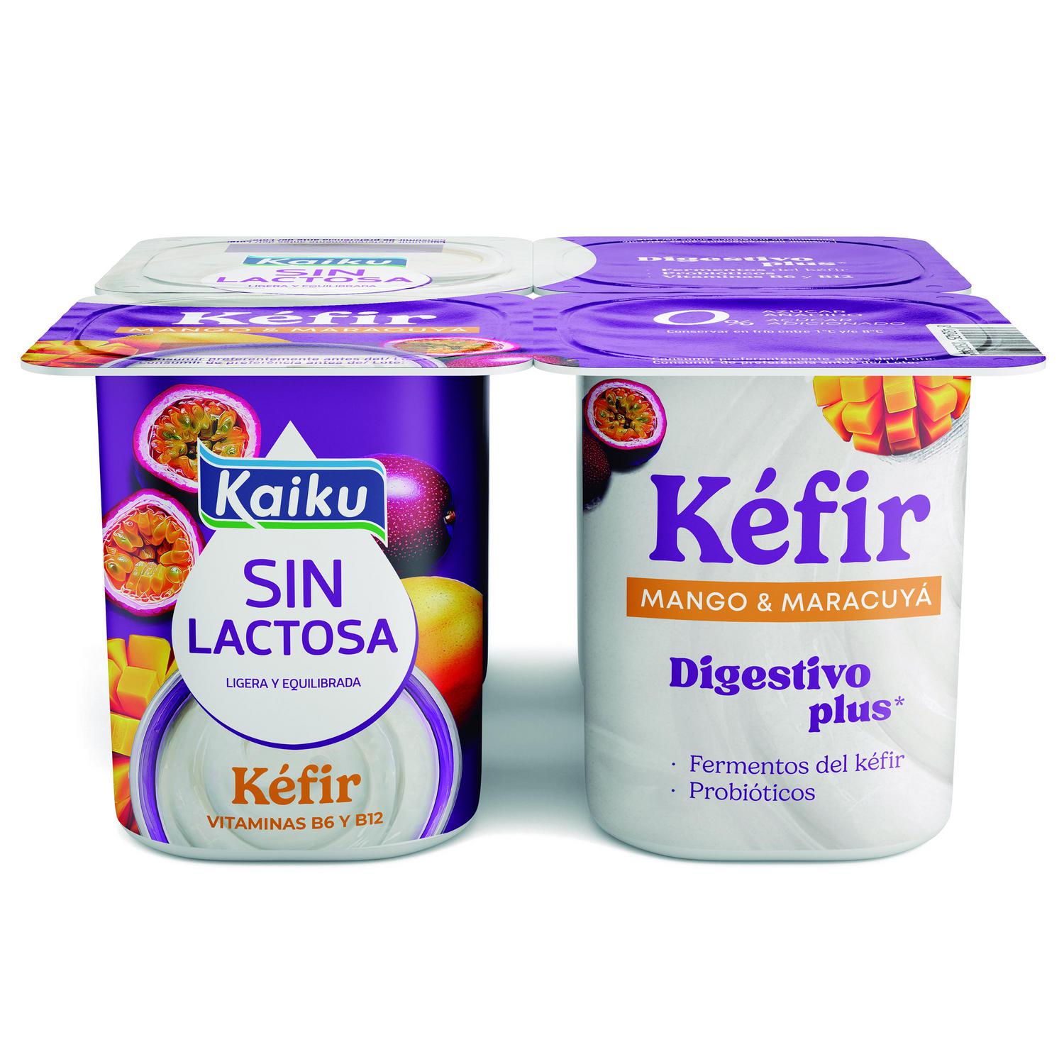 Leche fermentada con fermentos de kéfir con mango y maracuyá Kaiku sin lactosa sin gluten pack de 4 unidades de 125 g.