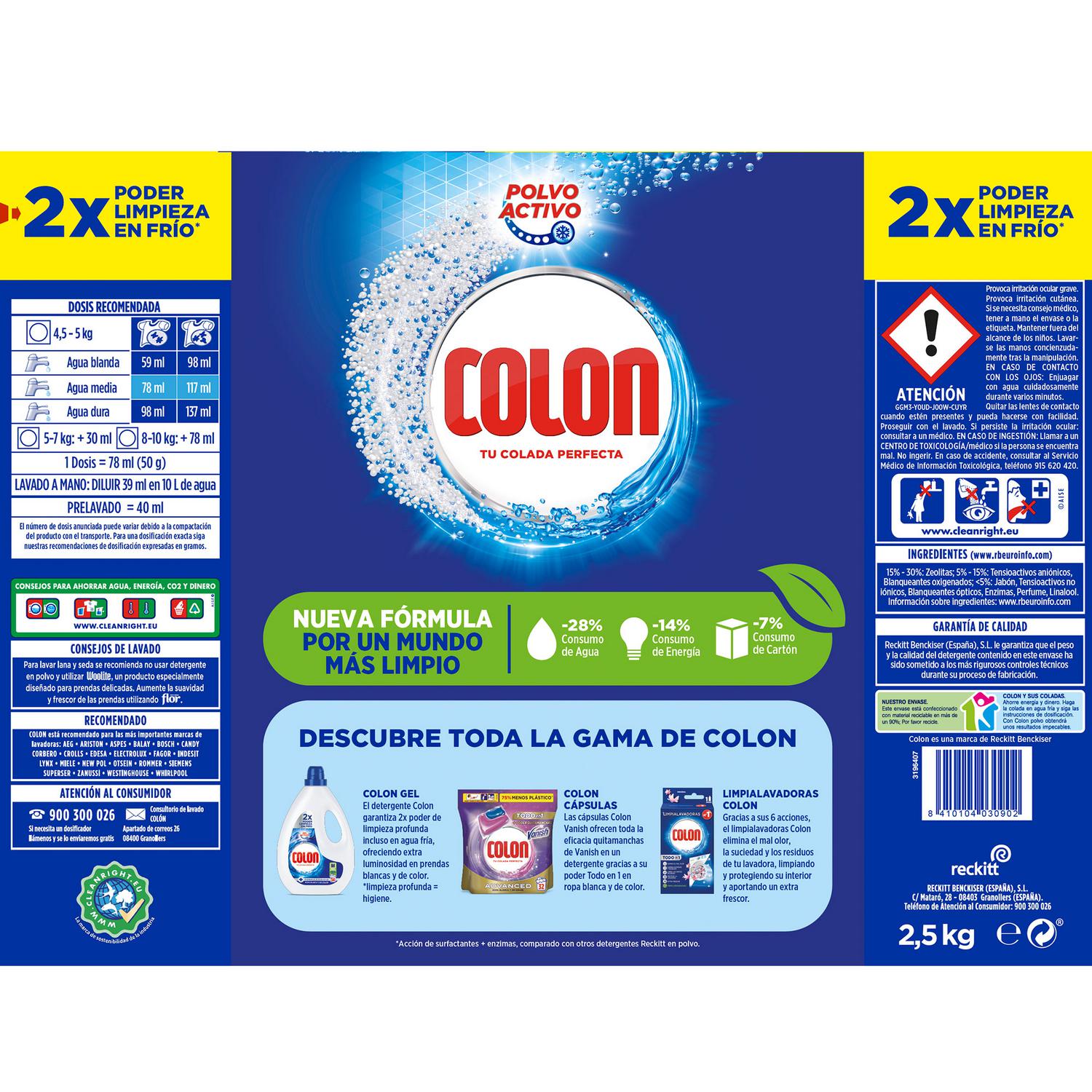 Detergente en polvo activo Colon 50 lavados.