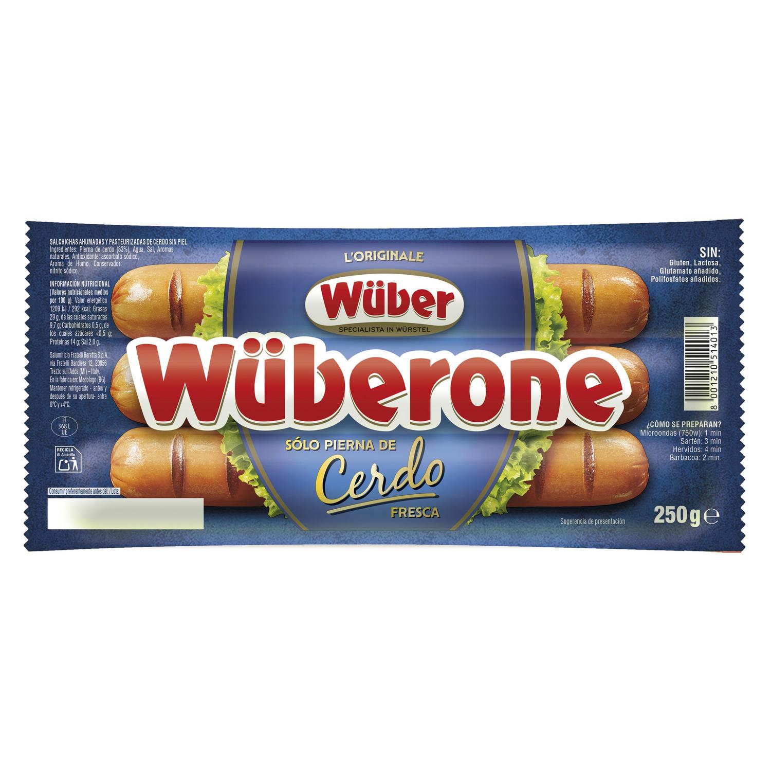 Salchichas ahumadas de cerdo Wüberone sin gluten y sin lactosa 250 g.