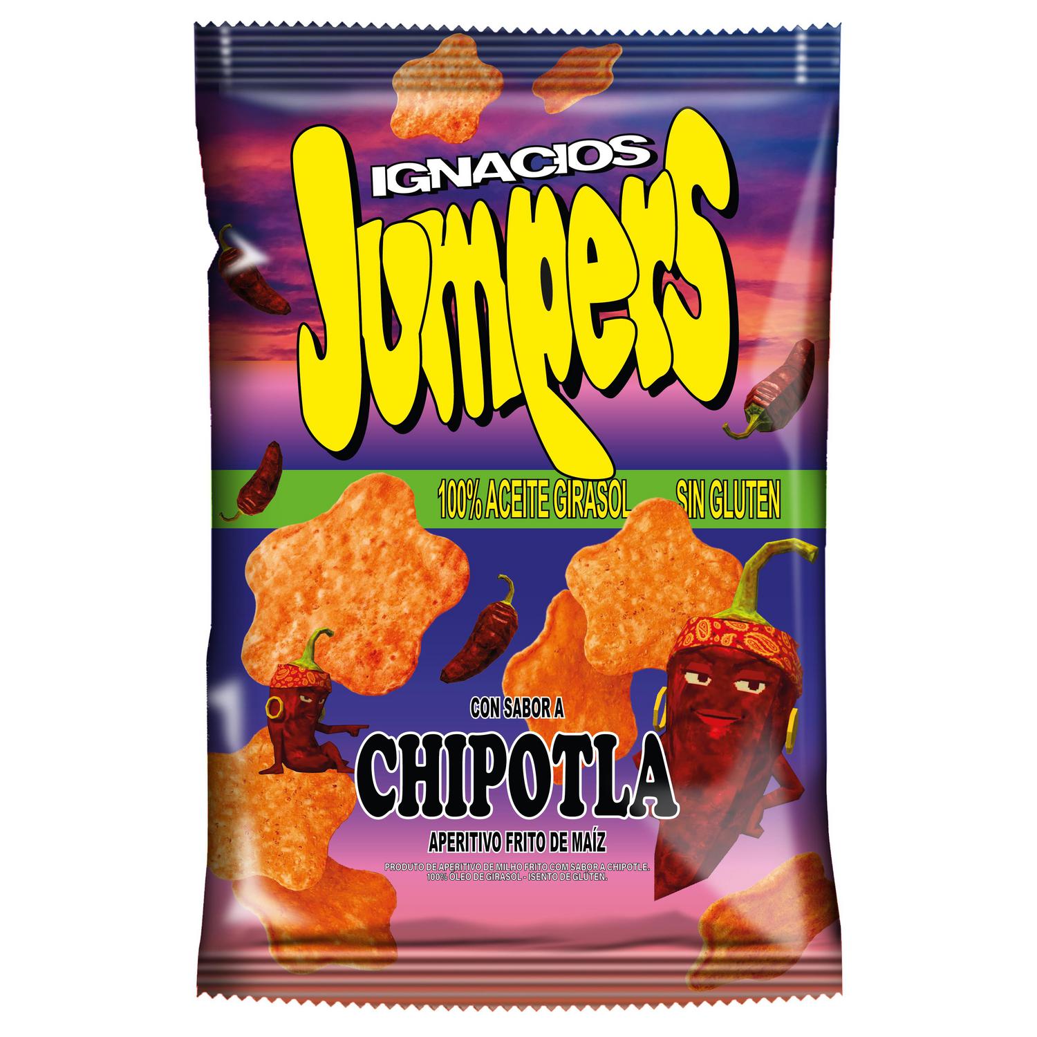 Aperitivo de maíz frito sabor chipotla Jumpers sin gluten 120 g.