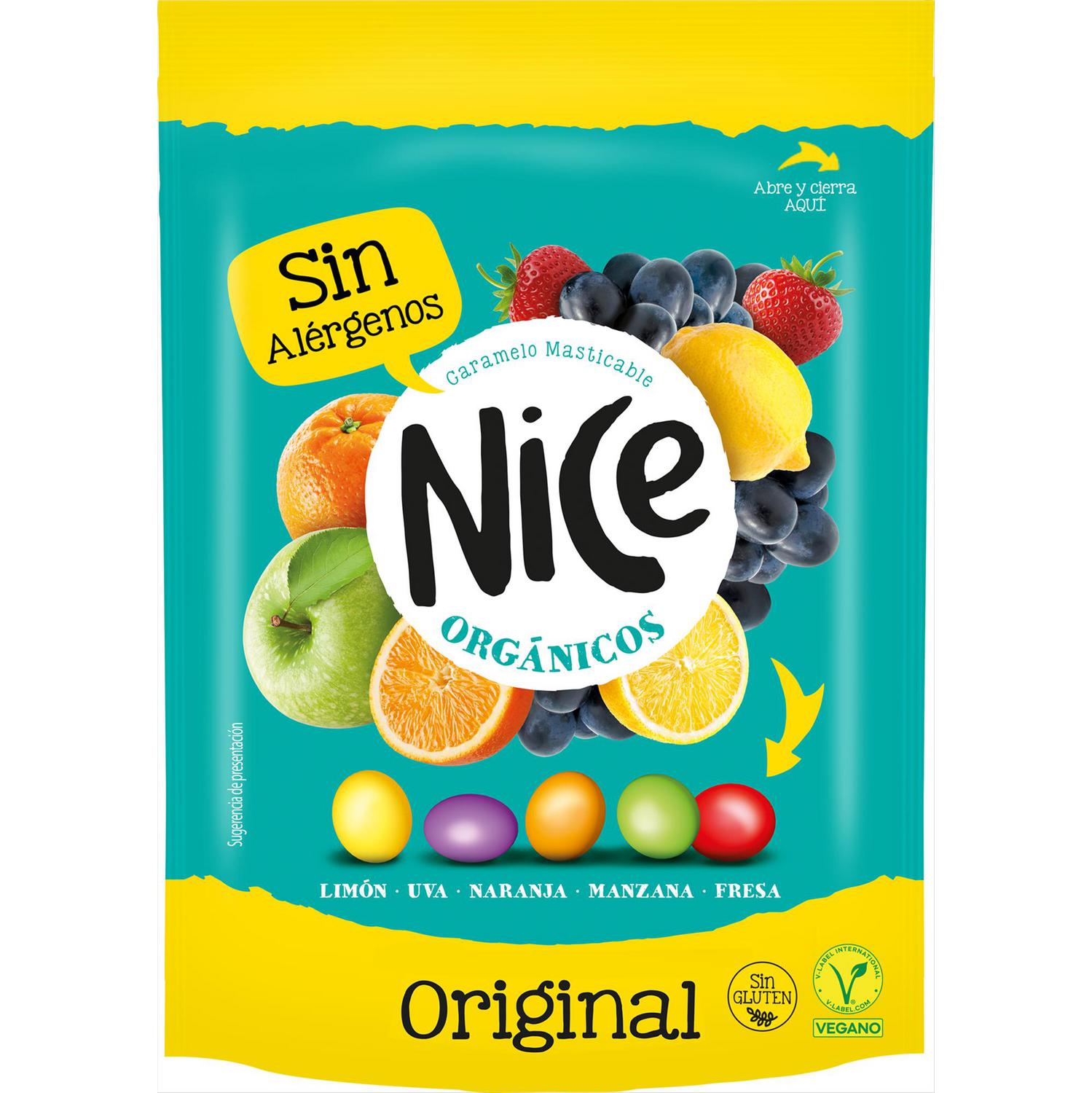 Grageas de caramelo masticable sabores surtidos orgánicos Nice Original sin gluten doy pack 100 g.
