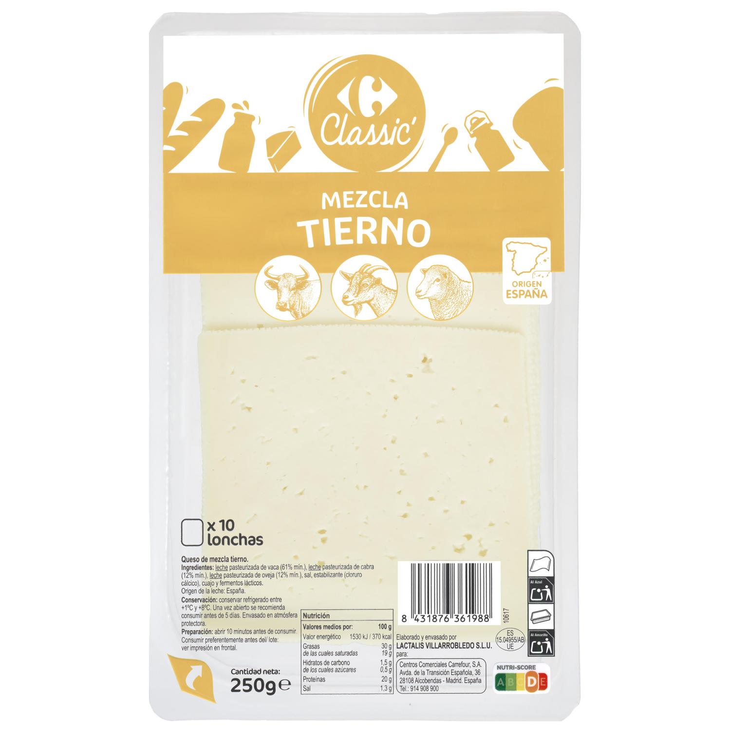Queso de mezcla tierno en lonchas Carrefour Classic 250 g.