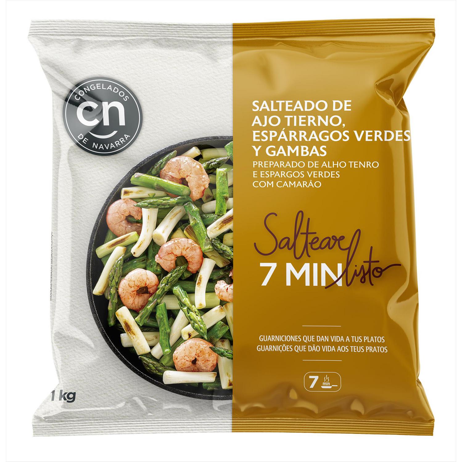 Salteado de ajo tierno, espárragos verdes y gamba Congelados de Navarra 1 kg