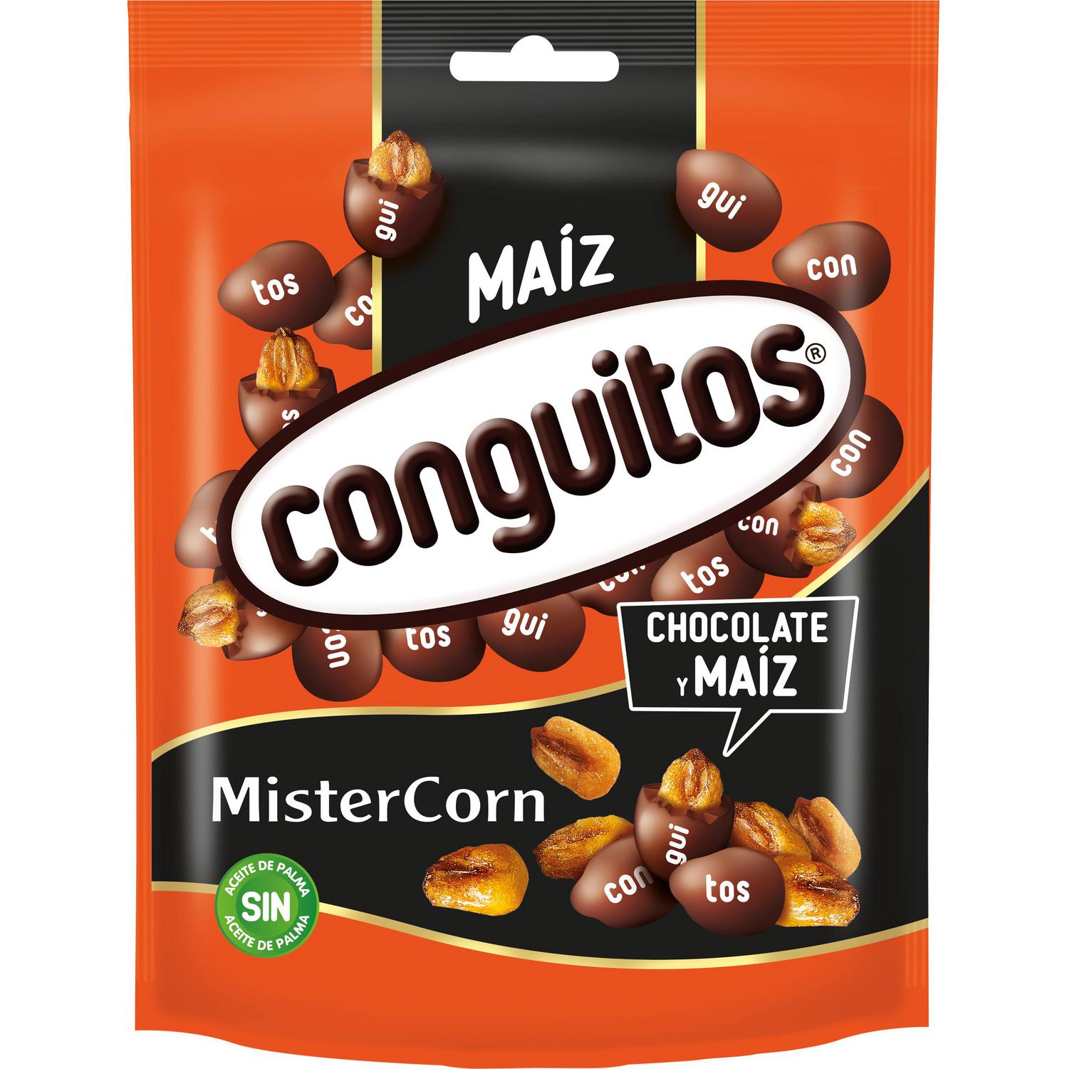 Maíz frito barbacoa bañado en chocolate negro Mr. Corn Conguitos doy pack 110 g.