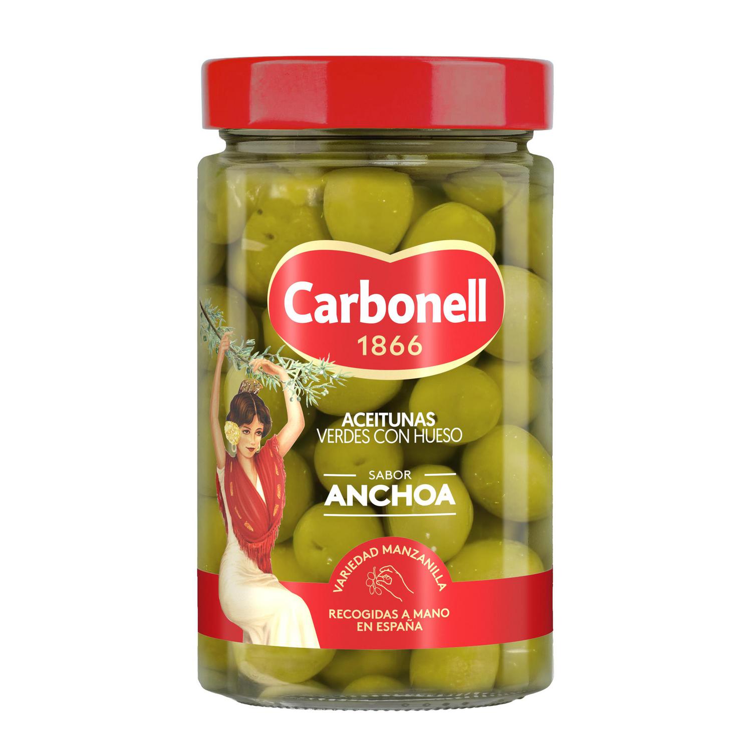 Aceitunas verdes manzanilla sabor anchoa Carbonell 400 g.