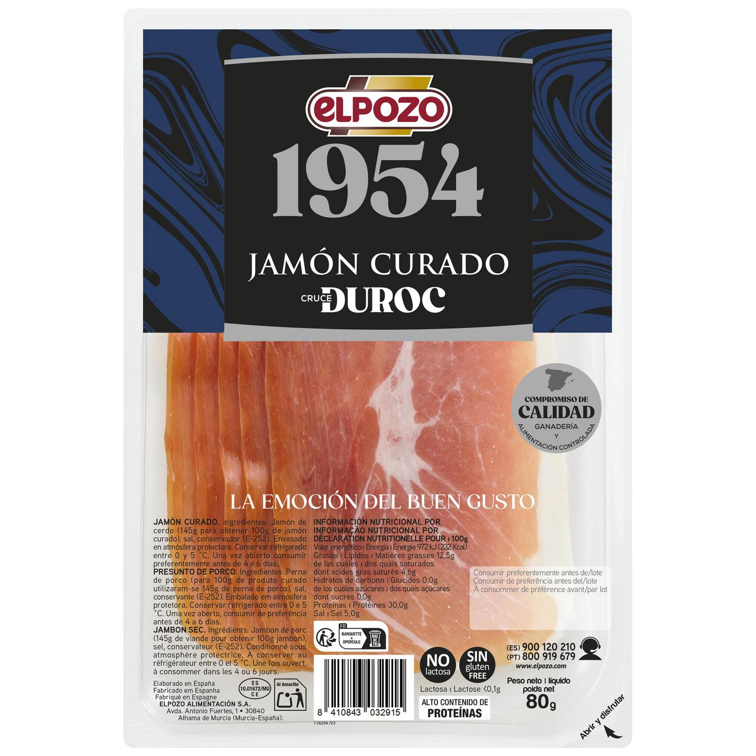 Jamón curado en lonchas ElPozo 1954 sin gluten y sin lactosa 80 g