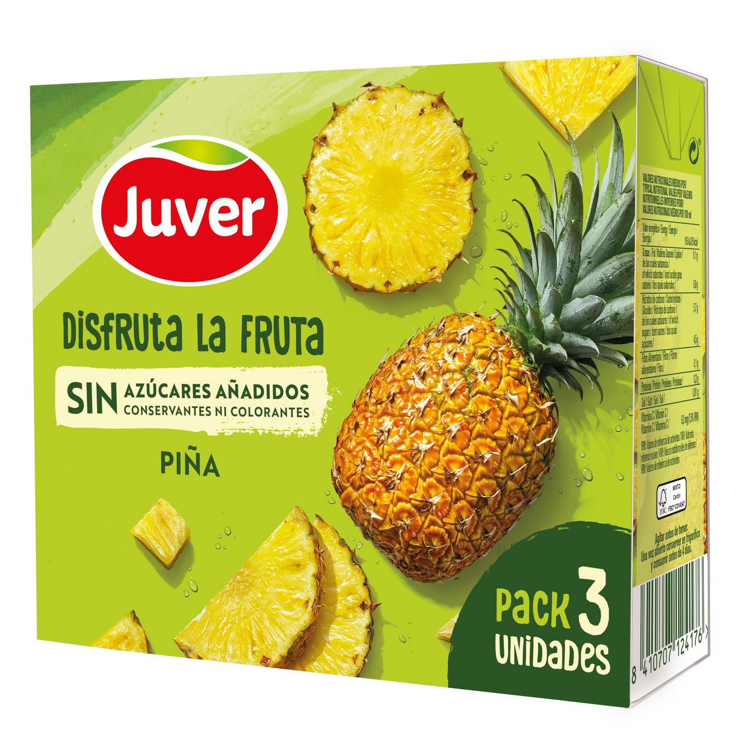 Bebida de fruta de piña Juver Disfruta La fruta sin azúcares añadidos pack 3 briks 20 cl.
