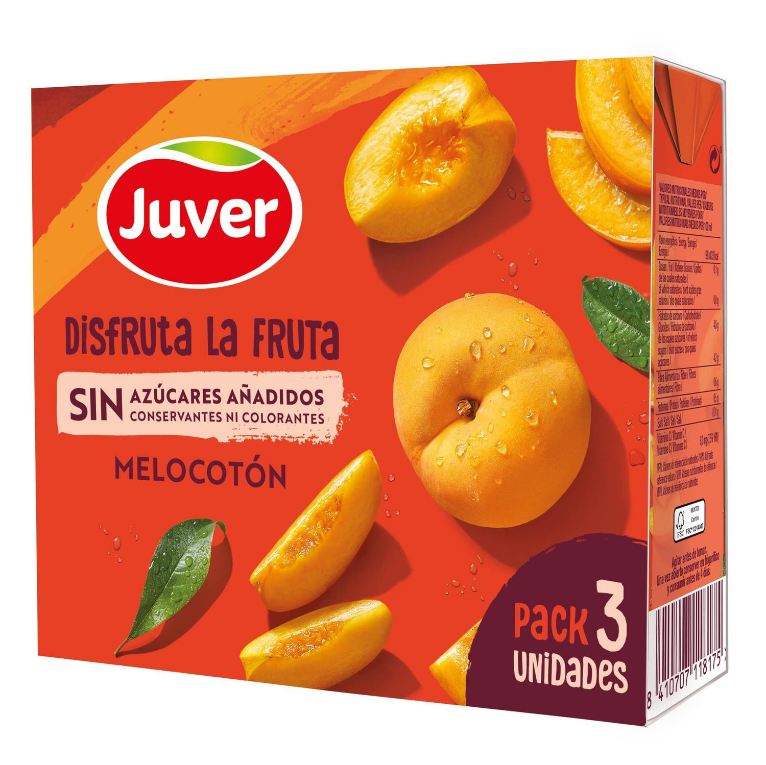 Bebida de fruta de melocotón Juver Disfruta La fruta sin azúcares añadidos pack 3 briks 20 cl.