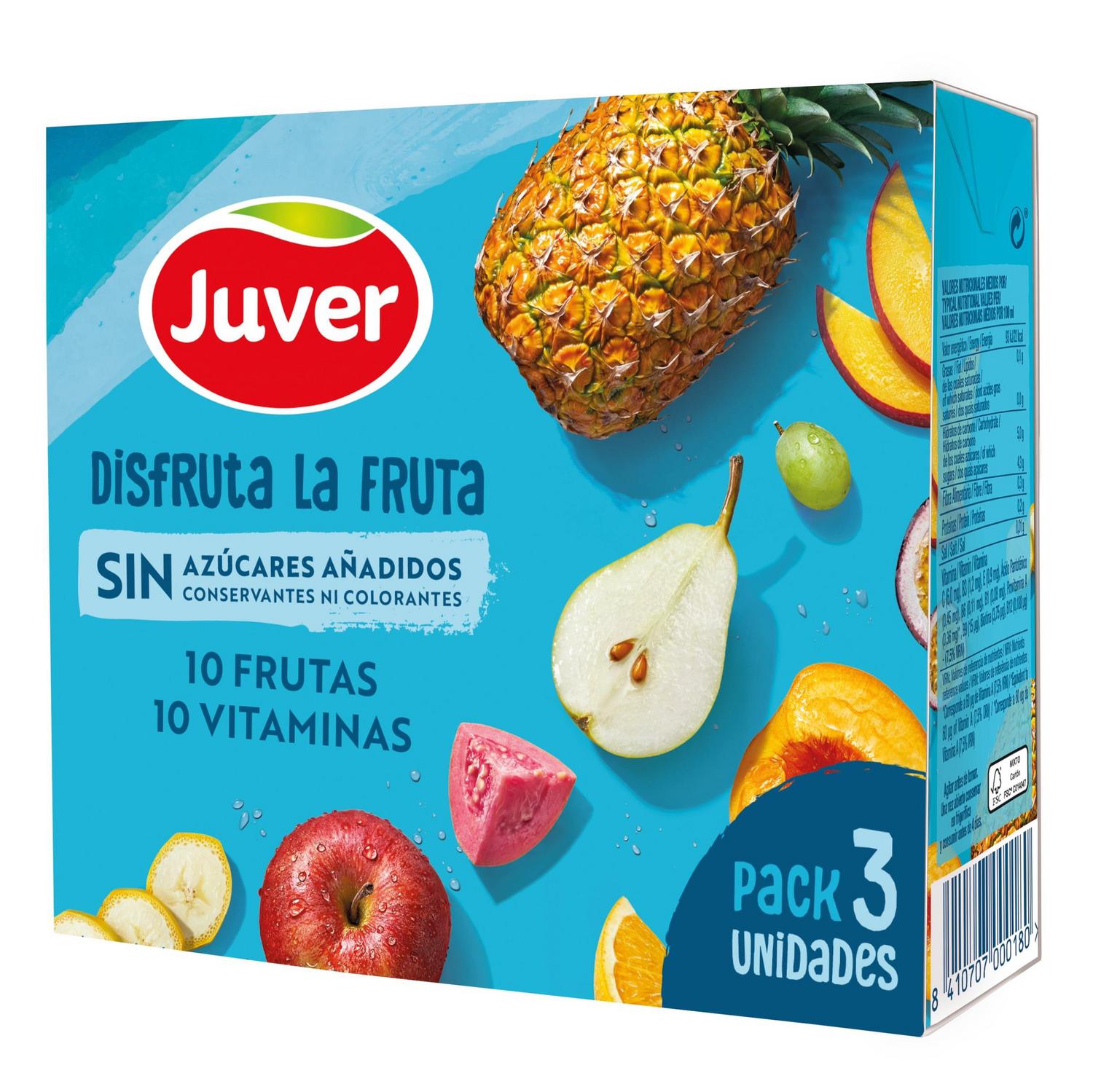 Bebida de 10 frutas y 10 vitaminas Juver Disfruta La Fruta sin azúcares añadidos pack 3 briks 20 cl.