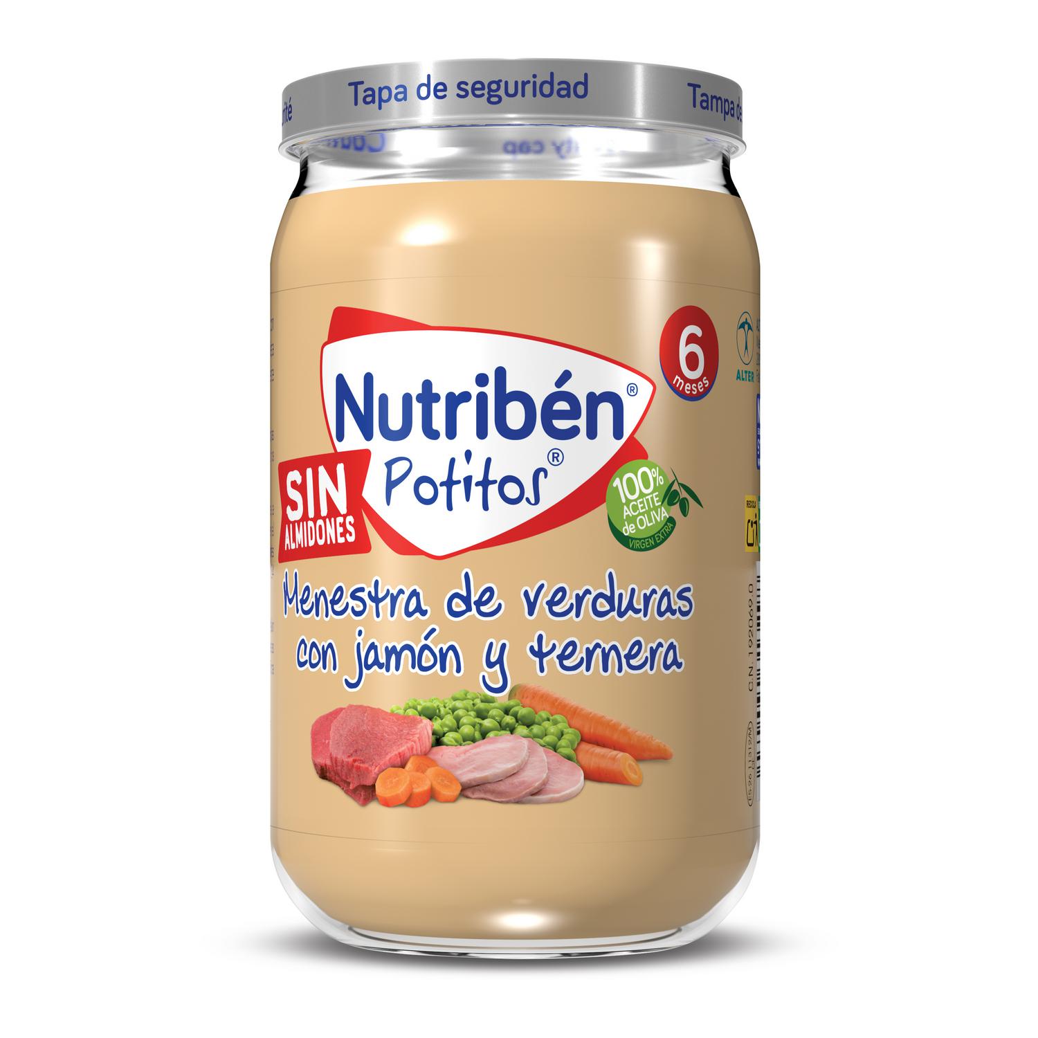 Tarrito de jamón y ternera con menestra de verduras desde 6 meses Nutribén Potitos sin gluten 235 g.