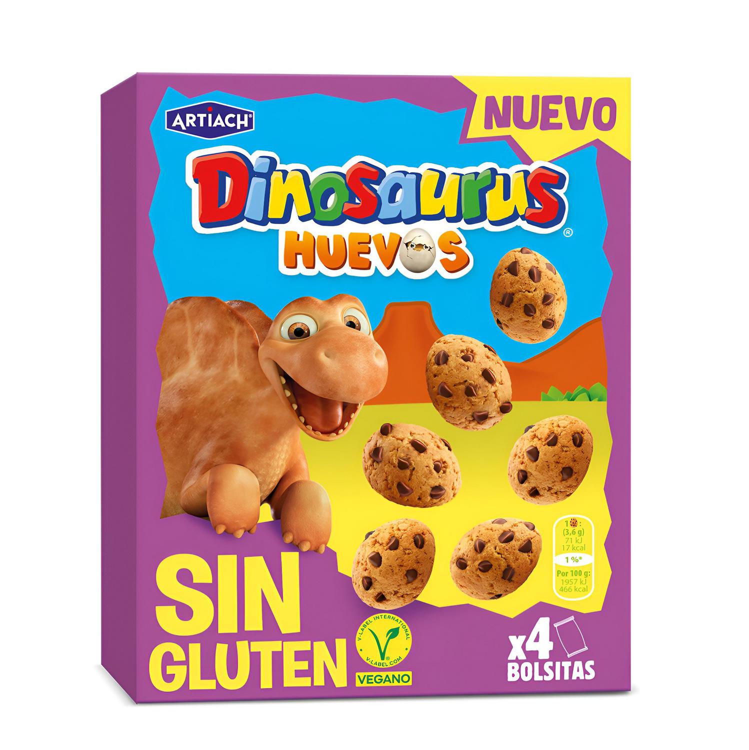 Galletas de cerales con pepitas de chocolate en forma de huevo Artiach Dinosaurus sin gluen 140 g.