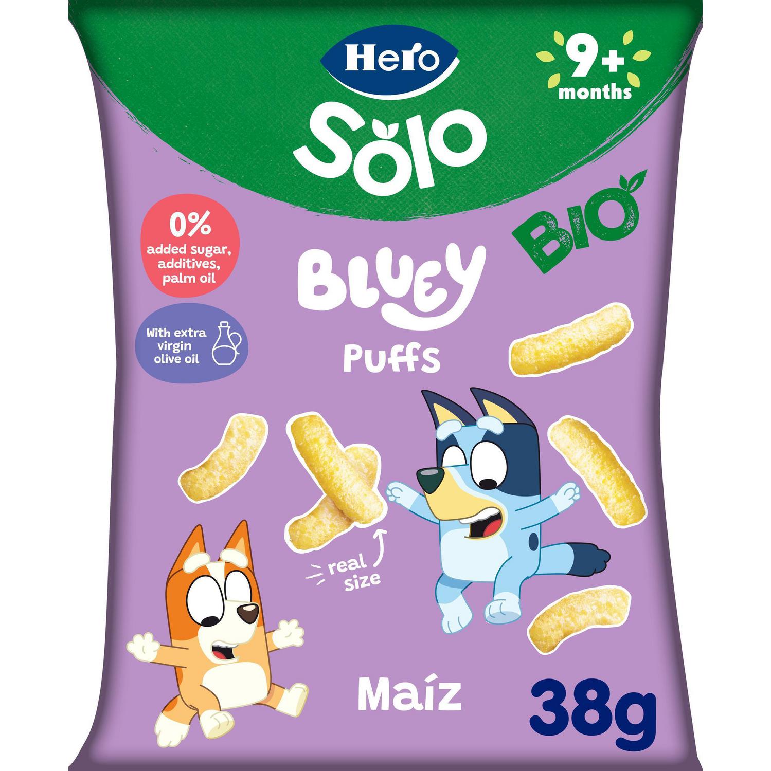 Snack de maíz desde 9 meses con aceite de oliva virgen extra ecológico Bluey puffs Hero Solo sin gluten 38 g.