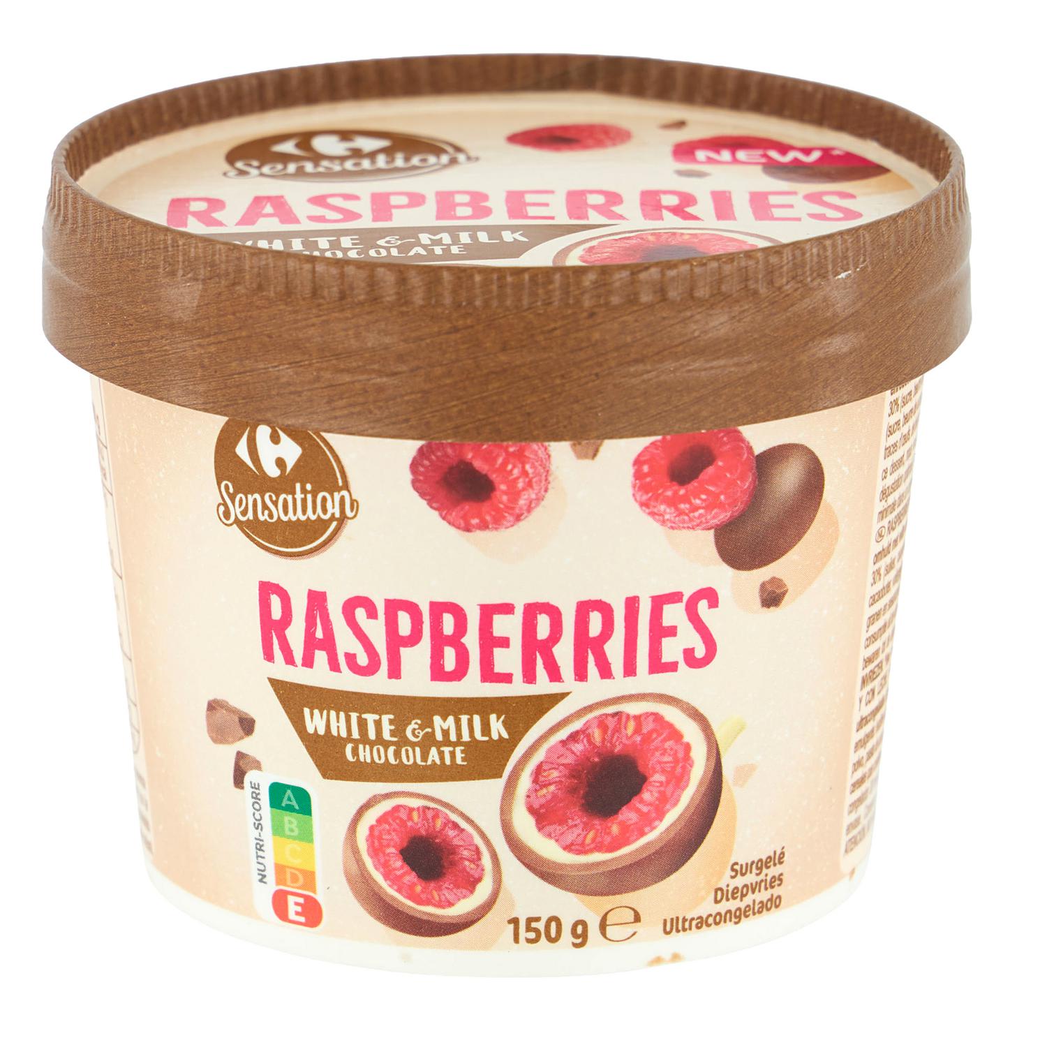 Frambuesas bañadas de chocolate blanco y con leche Carrefour 150 g.