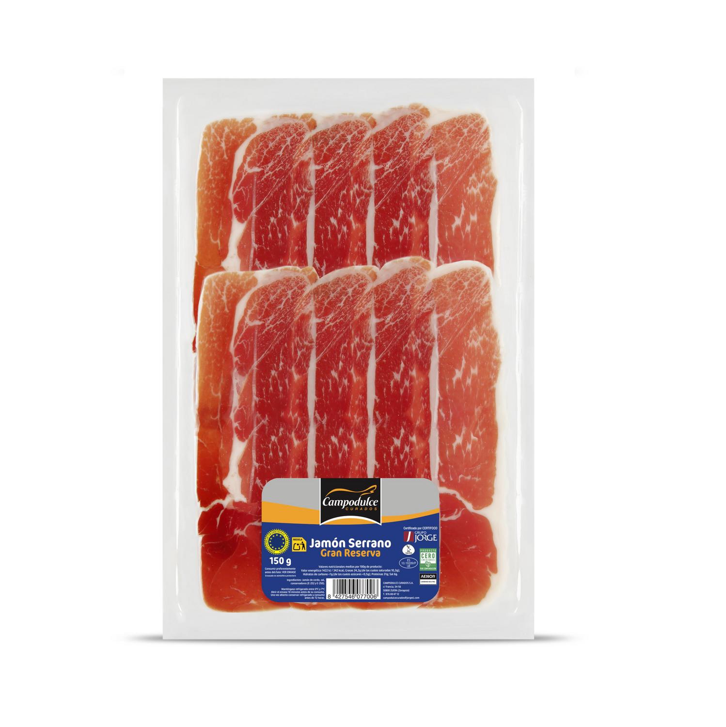 Jamón serrano gran reserva en lonchas Campodulce Curados sin gluten 150 g.