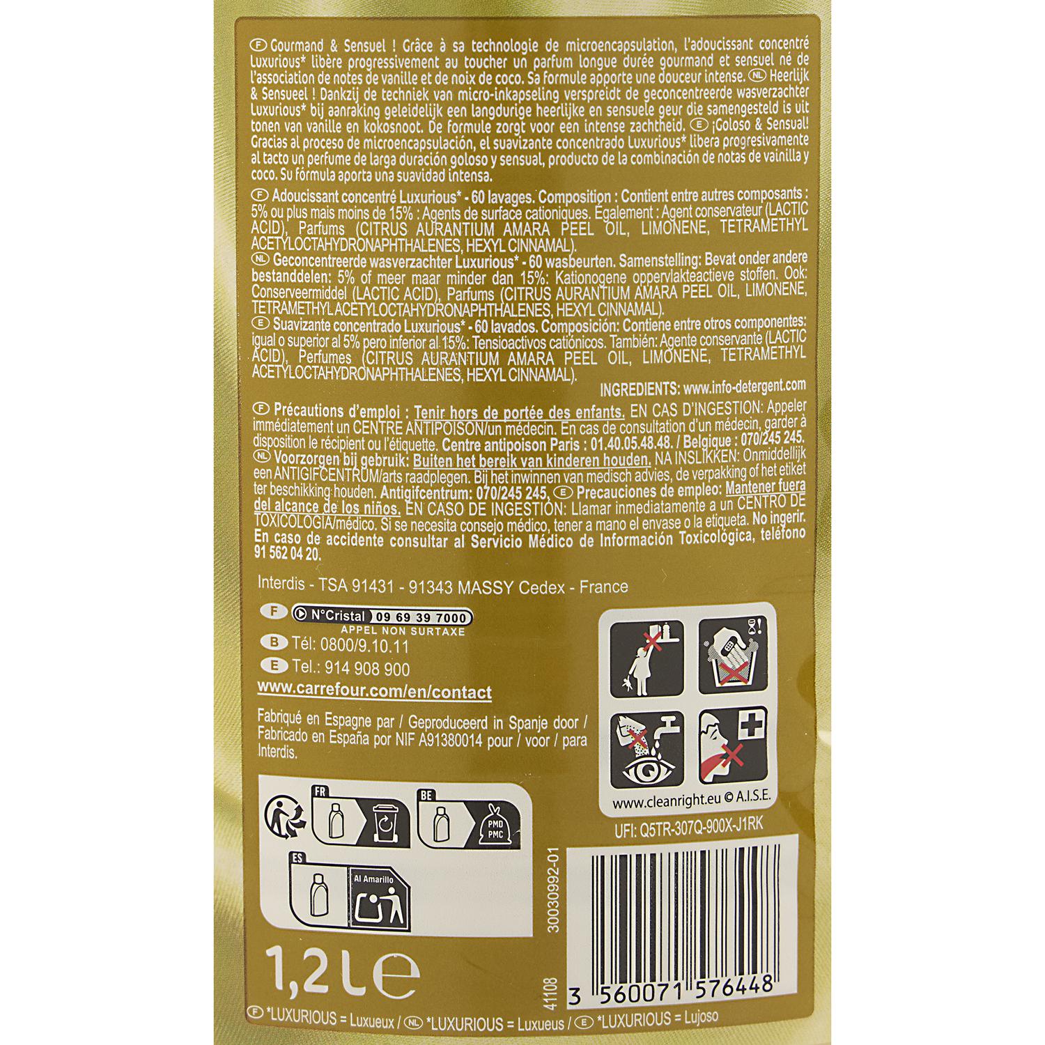 Suavizante concentrado vainilla y coco Luxurious Essential Carrefour 60 lavados.