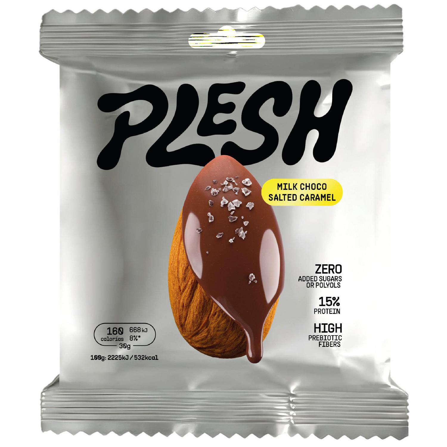 Almendras bañadas en chocolate con leche y caramelo saladao Plesh sin gluten y sin azúcar añadido 90 g.