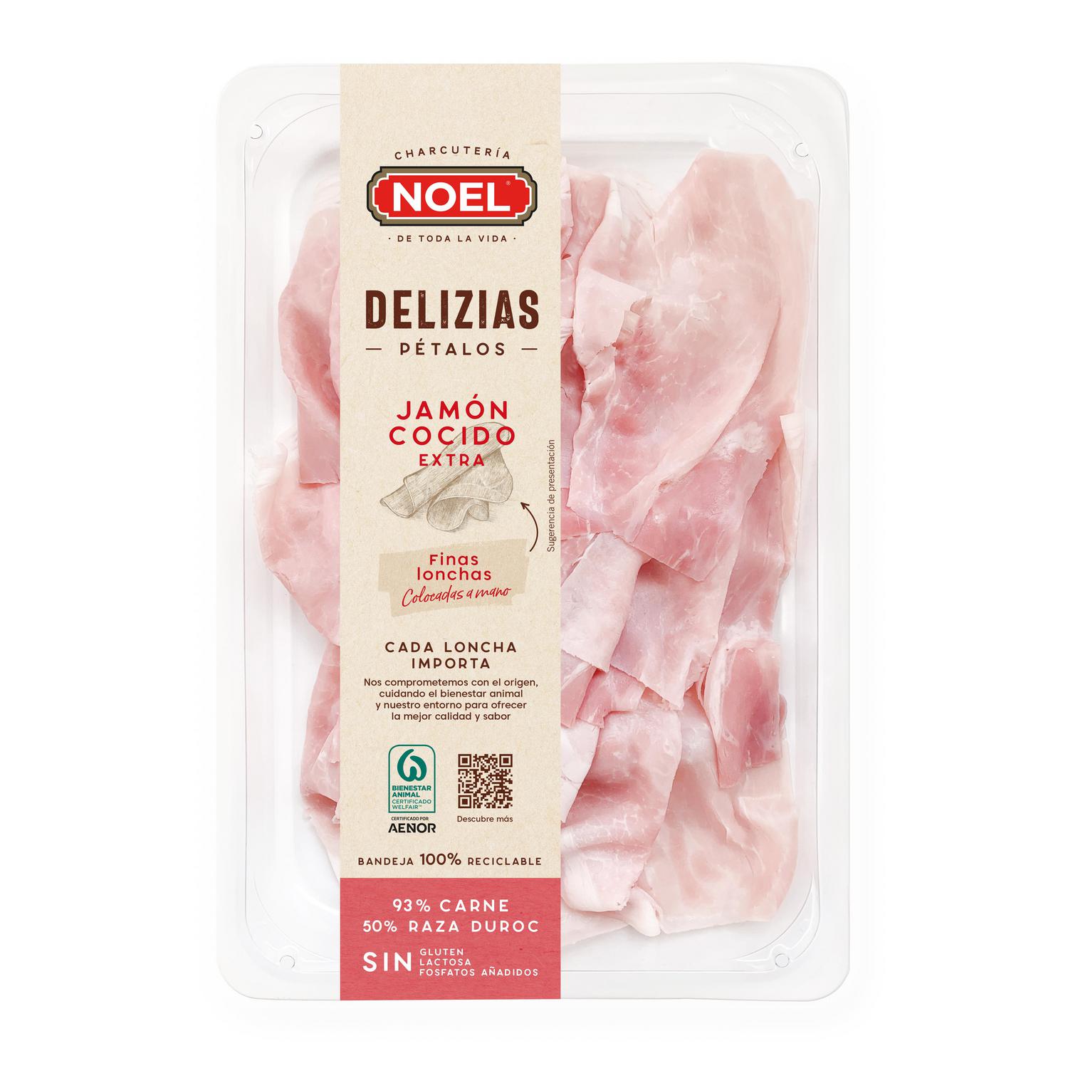 Jamón cocido extra en finas lonchas Noel Delizias sin gluten y sin lactosa 90 g