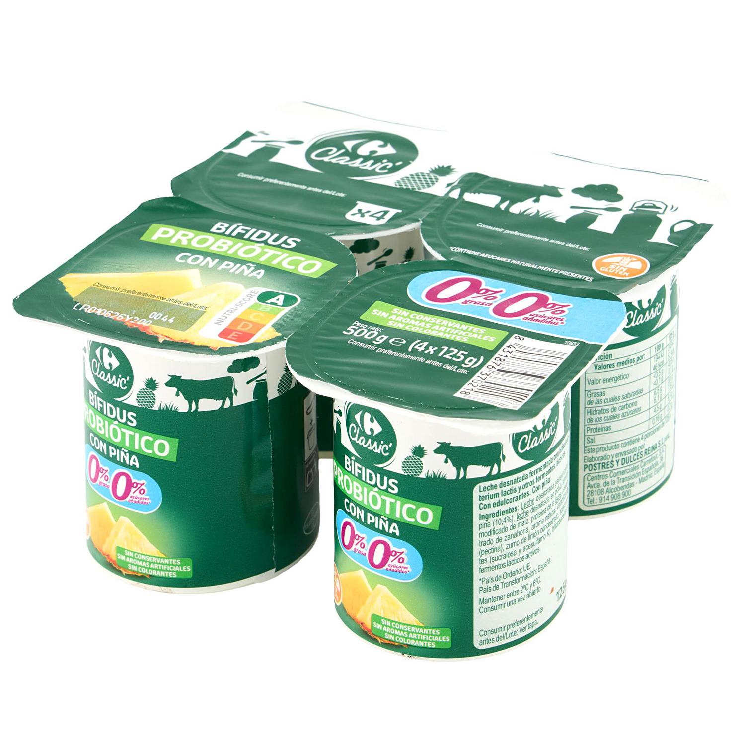 Bífidus con piña Carrefour Classic sin gluten y sin azúcar añadido pack de 4 unidades de 125 g.