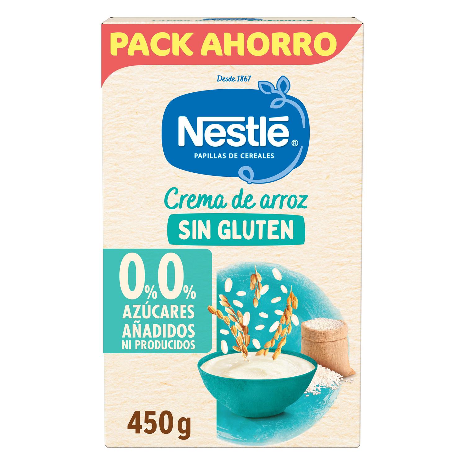 Papilla infantil desde 6 meses Nestlé crema de arroz sin gluten y sin azúcar añadido 450 g.