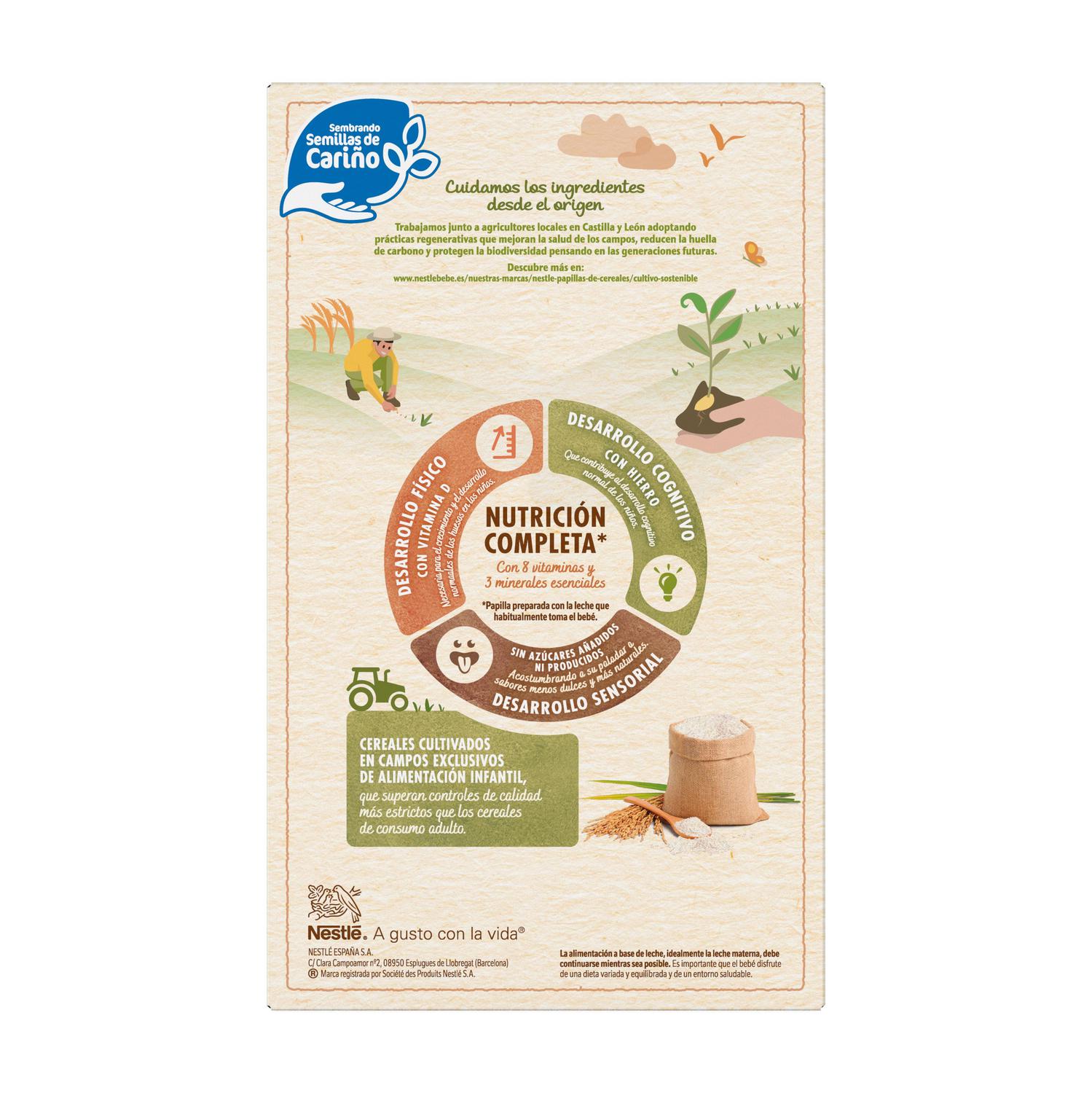 Papilla infantil desde 6 meses Nestlé crema de arroz sin gluten y sin azúcar añadido 450 g.