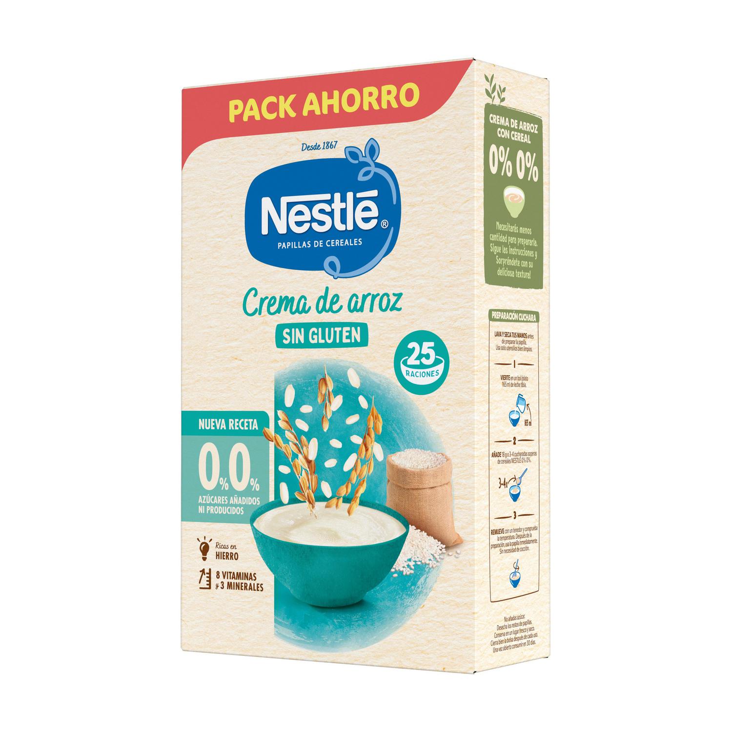 Papilla infantil desde 6 meses Nestlé crema de arroz sin gluten y sin azúcar añadido 450 g.