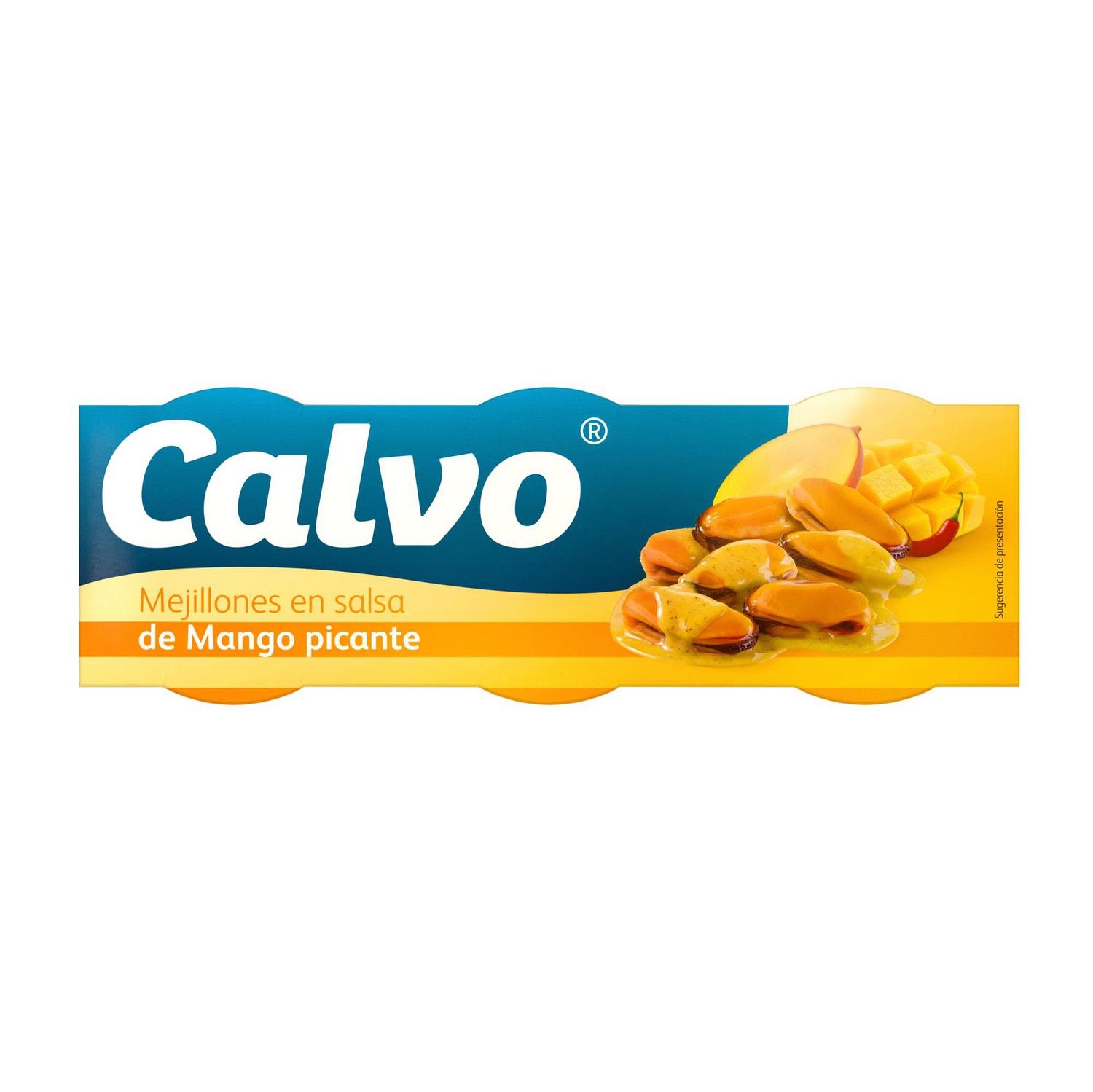 Mejillones en salsa de mango picante Calvo pack de 3 latas de 40 g.