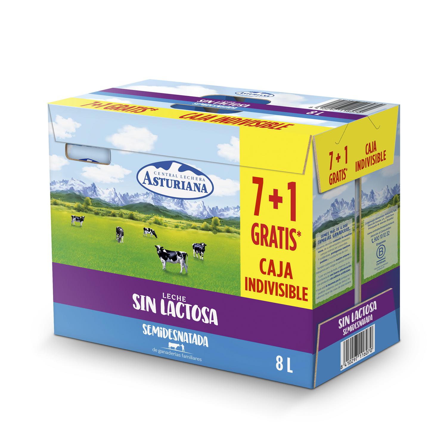 Leche semidesnatada Central Lechera Asturiana sin lactosa pack de 7 briks de 1 l.