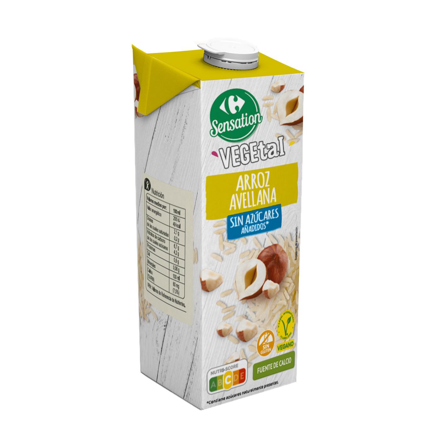Bebida de arroz y avellana con cacao sin azúcares añadido Carrefour Sensation sin gluten 1 l.