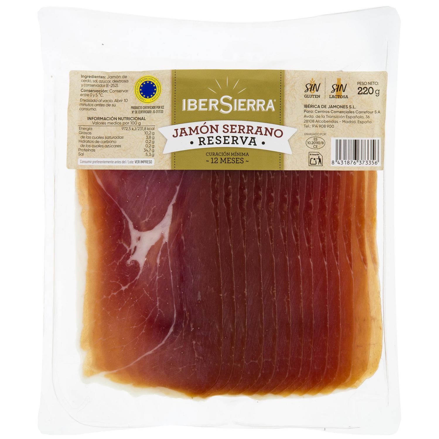 Jamón serrano IberSierra sin gluten y sin lactosa 220 g.