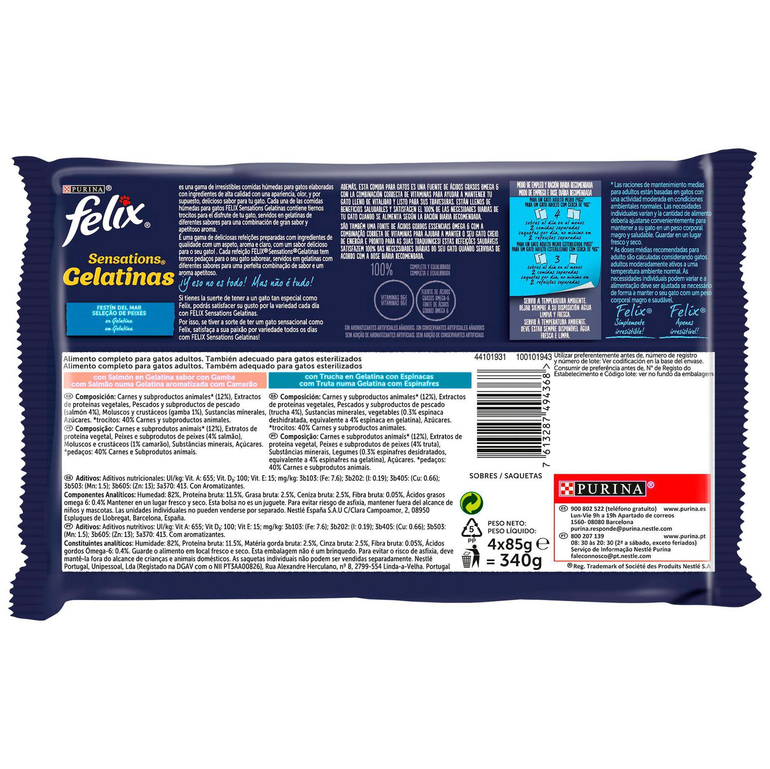 Comida húmeda en gelatina festín del mar para gato Purina Felix Sensations 4x85 g