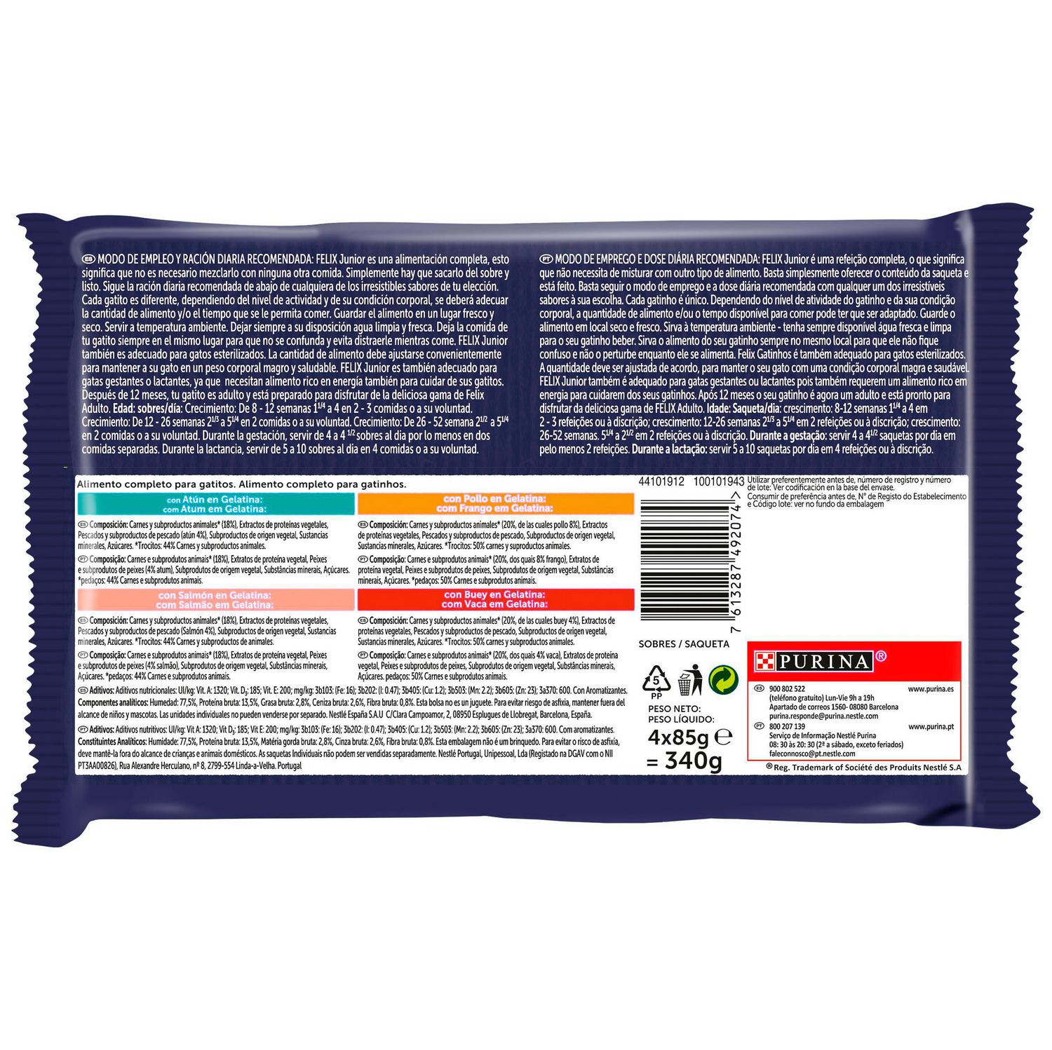 Comida húmeda en gelatina selecciones favoritas para gato junior Purina Felix Fantastic 4x85 g