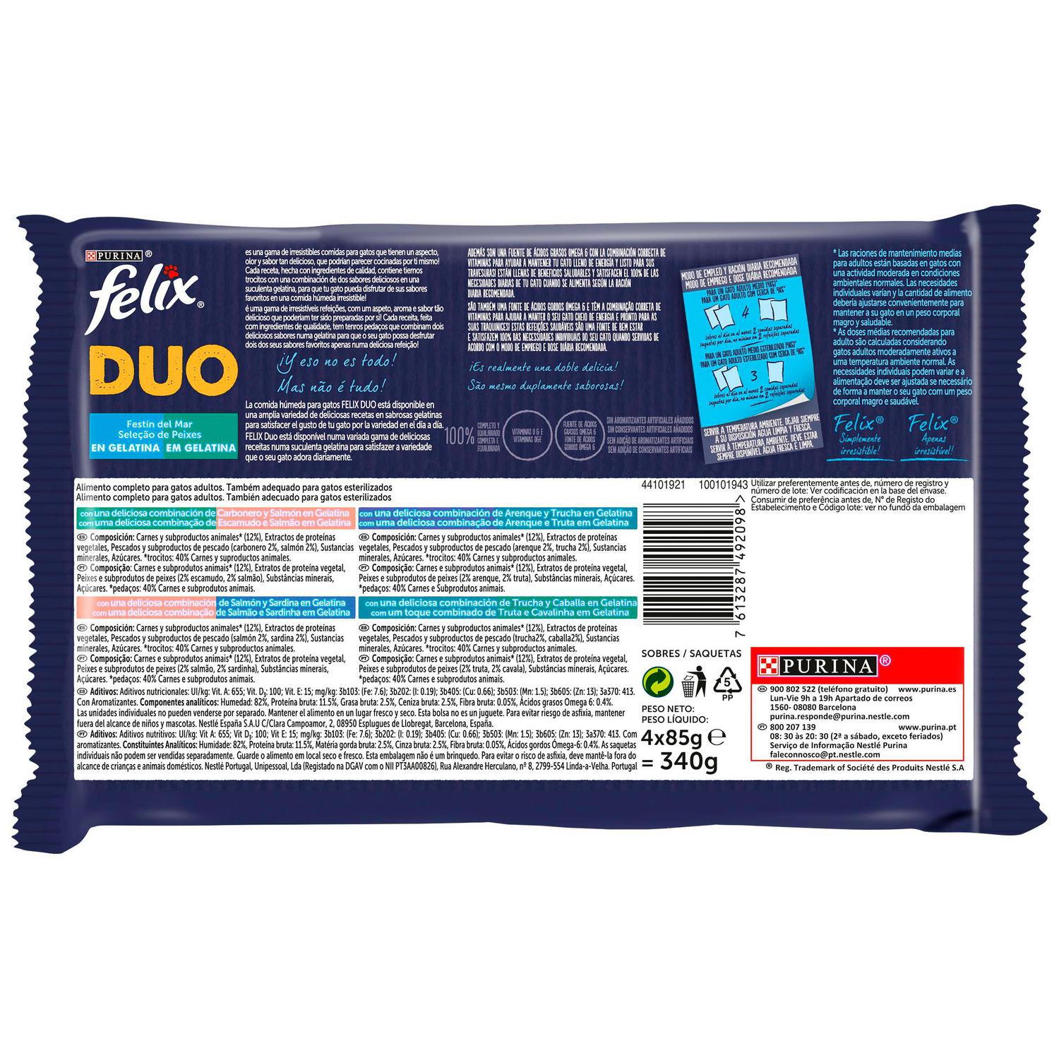 Comida húmeda en gelatina festín del mar para gato Purina Felix Duo 4x85 g