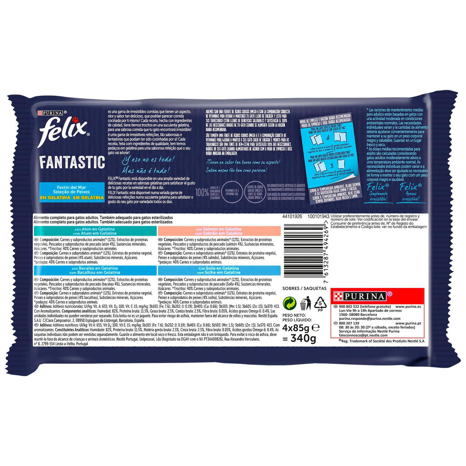 Comida húmeda en gelatina festín del mar para gatos Purina Felix Fantastic 4x85 g